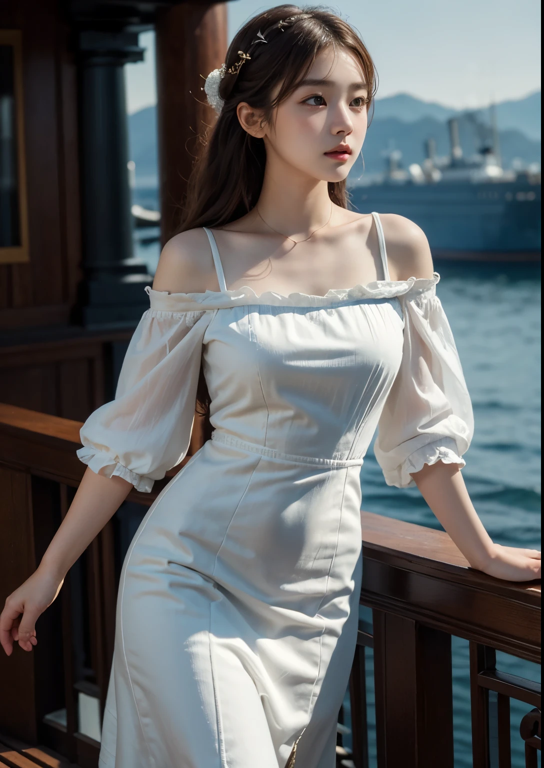 A beautiful, detailed, photorealistic portrait of a young, cute Korean girl standing on the deck of the RMS Titanic in 1913, wearing an above-the-knee length dress, with extremely detailed facial features, large expressive eyes, high-quality rendering, cinematic lighting, intricate fabric textures, and a nostalgic, romantic atmosphere, upper body shot, bright skin, very beautiful atmosphere, detailed dress, detailed Titanic ship view, realistic Titanic ship, realistic atmosphere, every thing is realistic, explore very big deck of the RMS Titanic ship, iceberg near Titanic ship, cutest smile, realistic smile, (very clear scenery of RMS Titanic Ship), slender girl, perfect figure, young body, vintage fashion pink dress, hyper realistic, 8k, (best quality,4k,8k,highres,masterpiece:1.2),ultra-detailed,(realistic,photorealistic,photo-realistic:1.37),HDR, UHD, studio lighting, ultra-fine painting, sharp focus