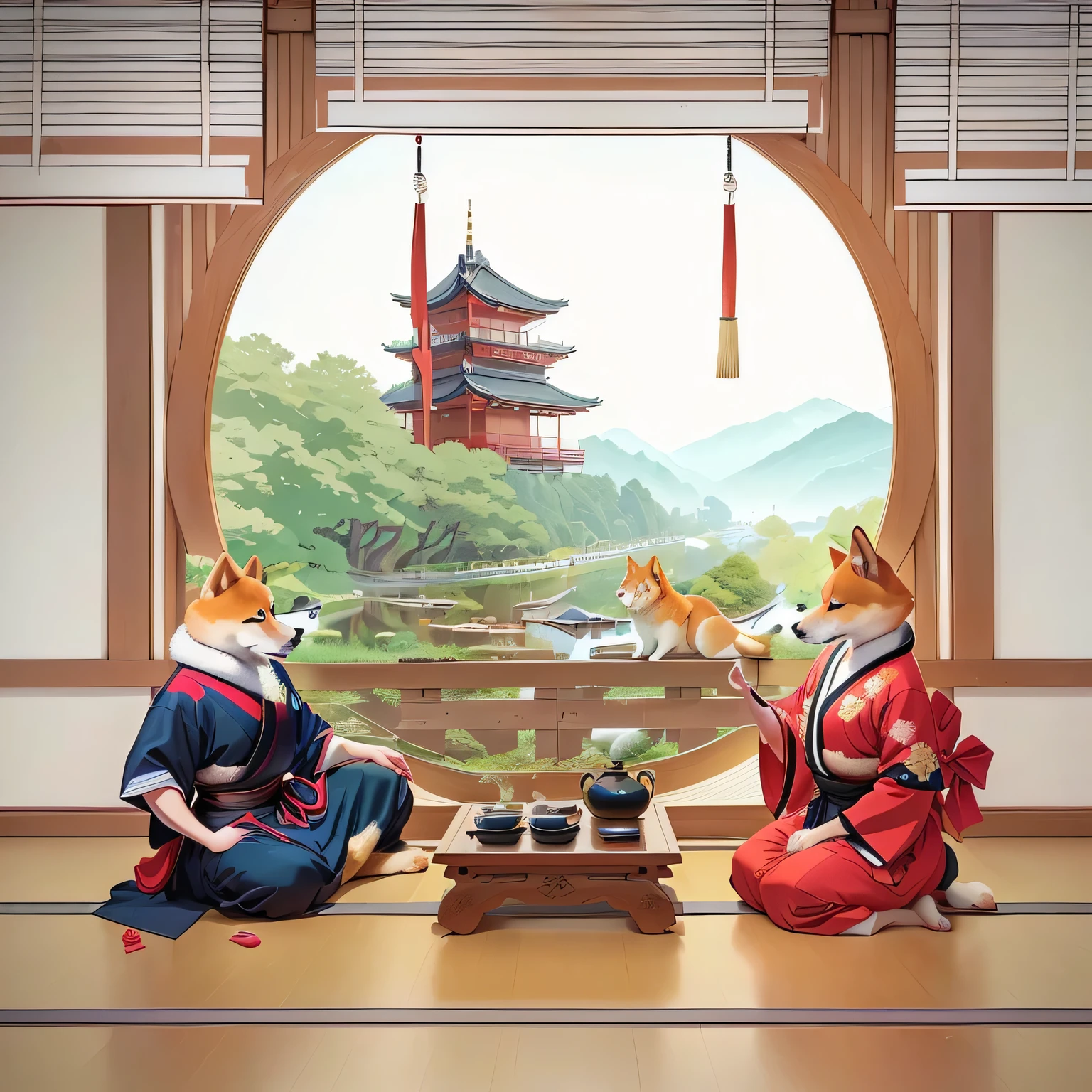 There is a Shiba Inu sitting on the floor next to another Shiba Inu, Inspired by Toshusai Sharaku, Tea ceremony scene, Inspired by Gatōken Shunshi, Inspired by José, Inspired by Zhou Wentianchong, In the dojo, Inspired by Gu Wenchao, Inspired by Watanabe Shotasu