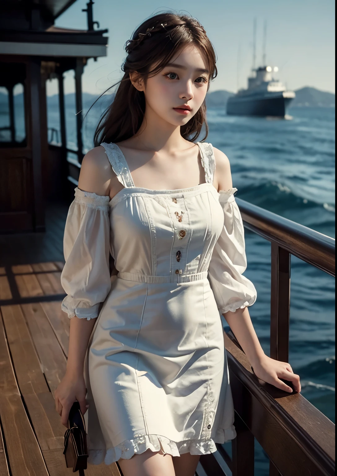 A beautiful, detailed, photorealistic portrait of a young, cute Korean girl standing on the deck of the RMS Titanic in 1913, wearing an above-the-knee length dress, with extremely detailed facial features, large expressive eyes, high-quality rendering, cinematic lighting, intricate fabric textures, and a nostalgic, romantic atmosphere, upper body shot, bright skin, very beautiful atmosphere, detailed dress, detailed Titanic ship view, realistic Titanic ship, realistic atmosphere, every thing is realistic