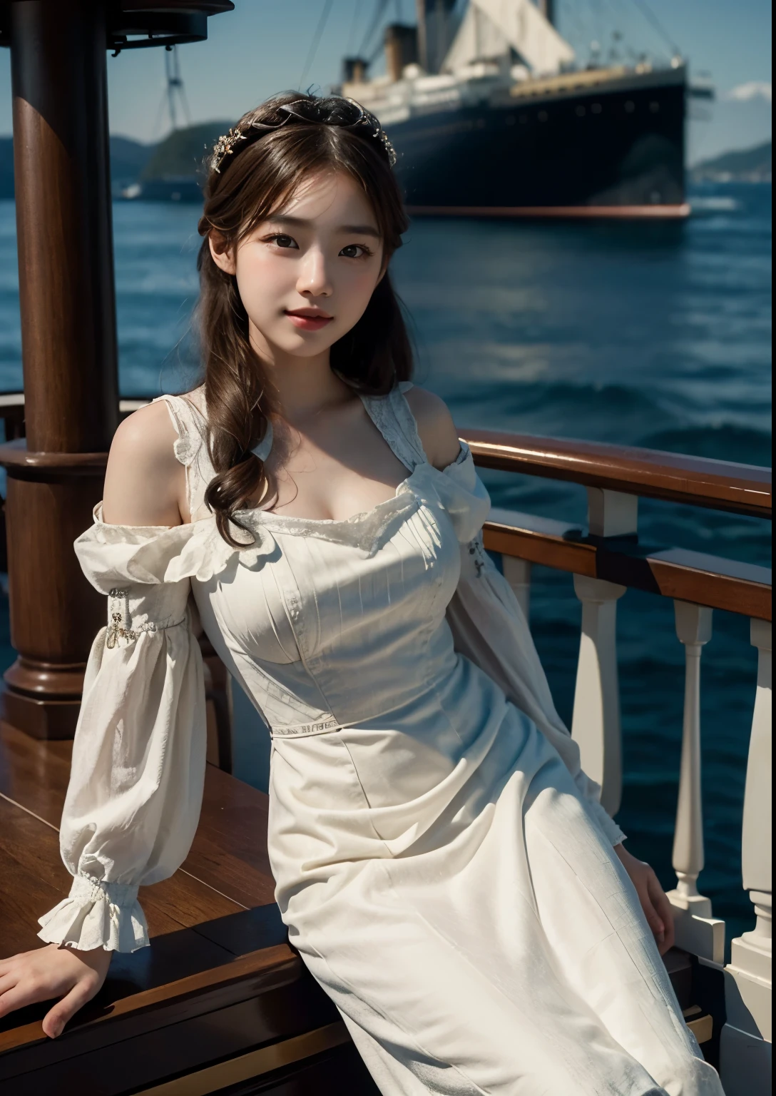A beautiful, detailed, photorealistic portrait of a young, cute Korean girl standing on the deck of the RMS Titanic in 1913, wearing an above-the-knee length dress, with extremely detailed facial features, large expressive eyes, high-quality rendering, cinematic lighting, intricate fabric textures, and a nostalgic, romantic atmosphere, upper body shot, bright skin, very beautiful atmosphere, detailed dress, detailed Titanic ship view, realistic Titanic ship, realistic atmosphere, every thing is realistic, explore very big deck of the RMS Titanic ship, iceberg near Titanic ship, cutest smile, realistic smile