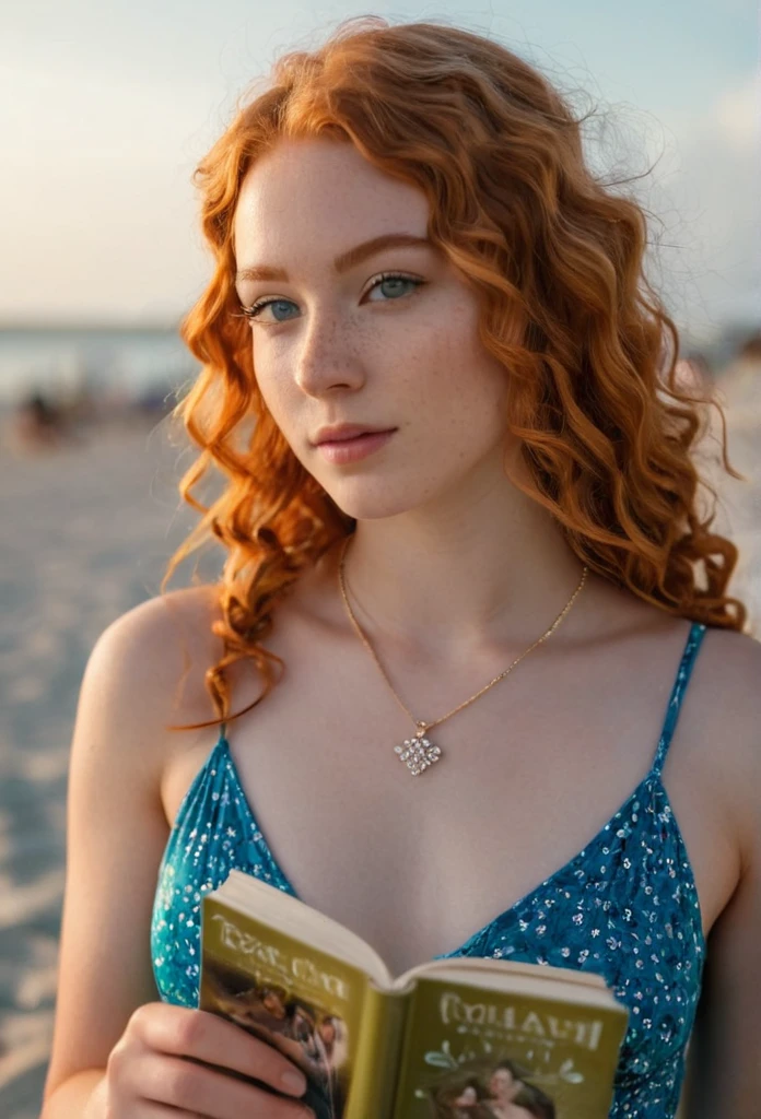 Cinematic, realistic, close-up, cinematic documentary of a realistic photo of a 20-year-old french girl, beautiful face, elegant appearance, a gold necklace with white crystal pendant,  wearing a pink swimwear with blue flowers pattern printed, very long redhead nearly orange curly hair, a little braid on the left side, freckles, open green eyes, looking at camera with emotion, reading a book sits on the beach in front of the sea, relaxed expression, brimming with emotion, interplay of contrast along with detailed light and shadow, depth of field, twilight atmosphere, embracing the lively spirit of New Orleans, Louisiana, music and history resonating with her adventurous heart, shot with a Canon EOS R