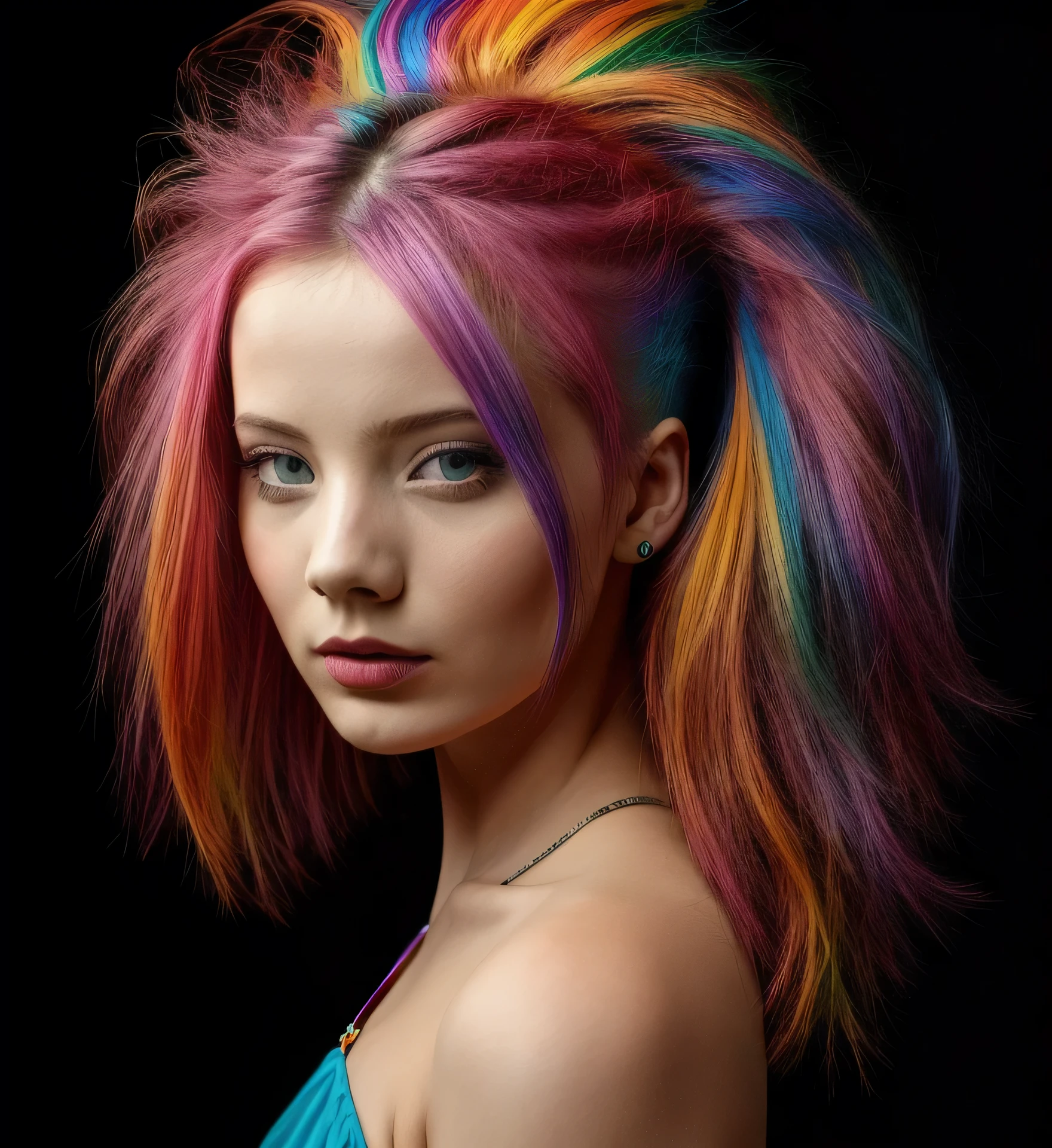 stunning portrait photo of (frln woman:1.0) , by Flora Borsi, style by Flora Borsi, bold, bright colours, (rainbow Mohawk hair:1.1), (Flora Borsi),
 