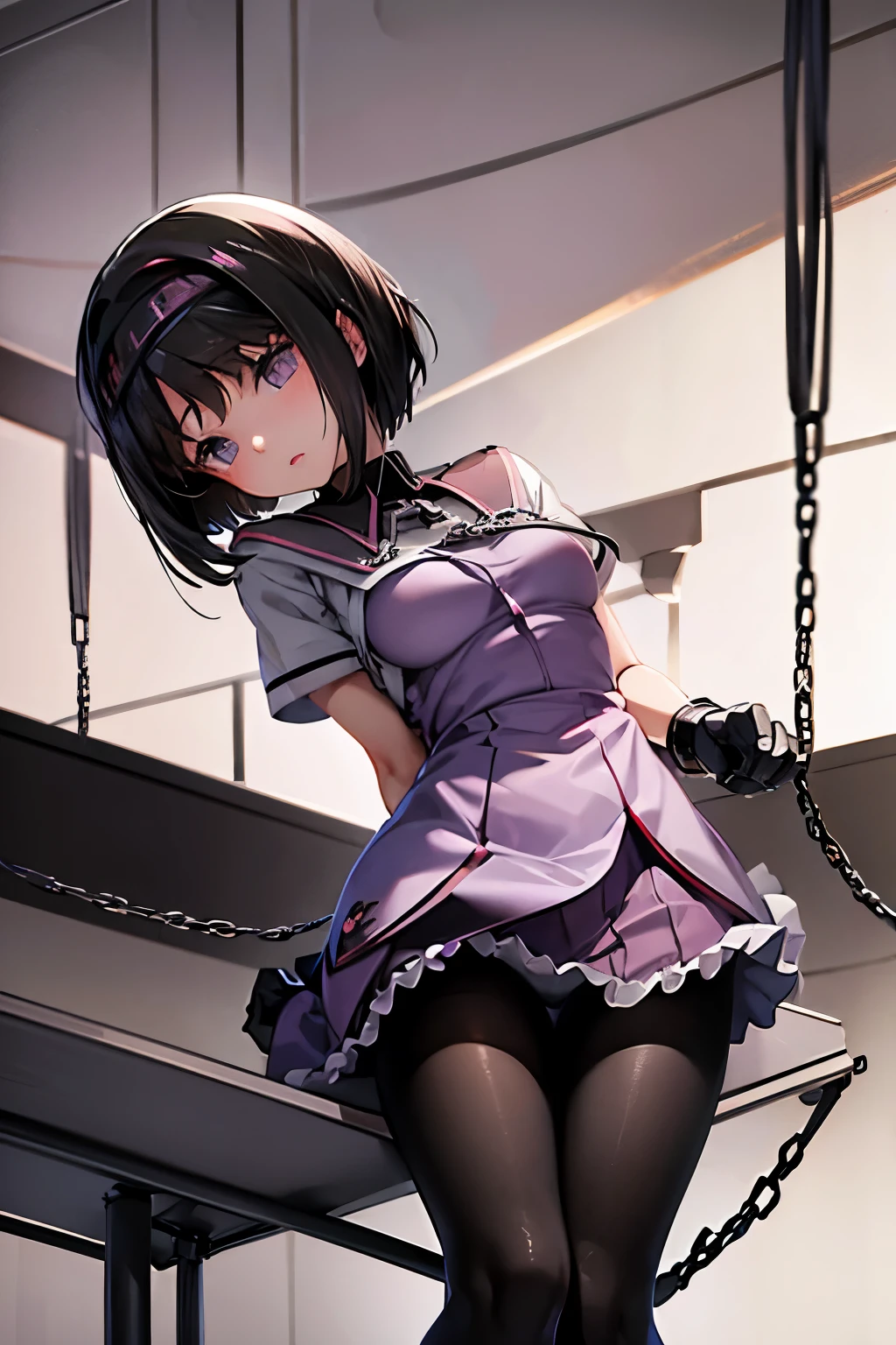 Erica、Pokémon、Black Hair、Short Hair、((Homura Akemi))、Large Breasts、Jail、One girl、((pantyhose))、(Long gloves)、(first round)、(Chained)、((Crucified on the examination table))、(Being restrained)、Leg spread