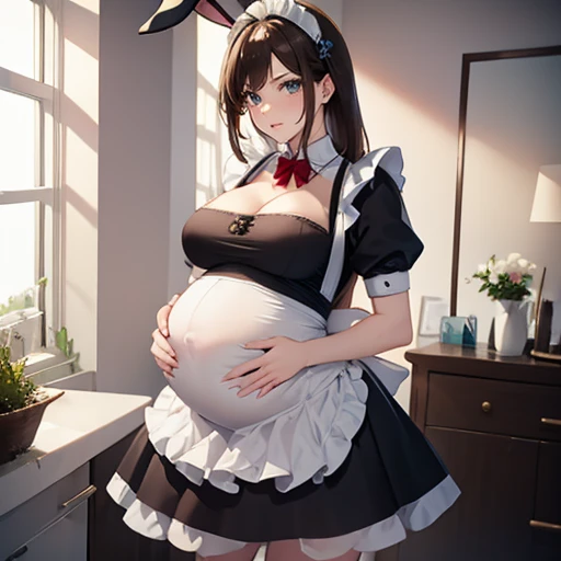 Beautiful pregnant female maid, mature, bunny ears, wants to have sex with me, cleavage, maid dress, brown hair
