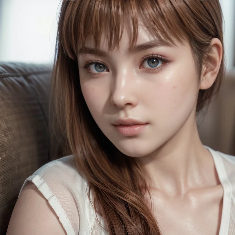 Kasumi, light brown eyes, (best quality, ultra-detailed), (realistic:1.37), beautiful and detailed face, ultra-realistic texture, delicate face, delicate body, red lipstick, bright colors. High definition, 8K. athletic body