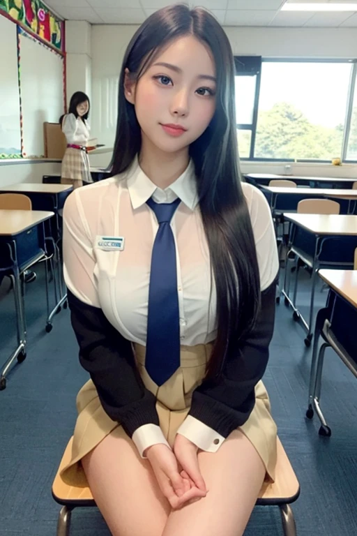 there is a woman sitting on a chair in a classroom, In the classroom, sitting in the classroom, Ultra-realistic high school girl, japanese , Japanese high school, japanese girl uniform, Ultra-realistic high school girl, of posing, Wearing Japanese, cute high school girl, full subject in shot, student, realistic , In the classroom