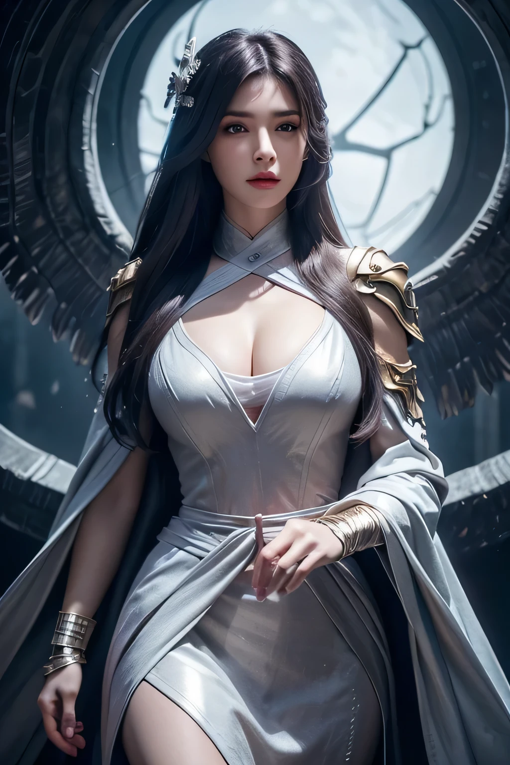 High-quality work，Realistic works，Super premium graphics，8K HD CG works，high quality graphics，High-definition and exquisite CG works，10x pixels，Ultra-fine details：1.1，Advanced technical details：1.1Realistic photo effects，Interior lighting effects：1.5，natural soft light：1.5. Light effect（Virtual light effects：1.8），ultra high resolution，shining dress，sliver long hair，silber hair，transparenthair，high detailed hair（Quality hair details：1.1）Clear eyes，Double eyelids look good，Sharp eye makeup, Create exquisite eyelash makeup, tthin eyebrows, Ultra-detailed eyes，a tall nose, lovely red lips, rosey cheeks, With delicate makeup on her face , pretty face, The face shape is perfectly proportioned,（Advanced facial details：1.1）1girl huge large breasts，Skeleton mask，Omen of death，With a huge scythe，Huge armor，offcial art，Unity8k wallpapers，ultra detali，Beauty and aesthetics，very best quality，Complicated details，Spiral circular pattern of screaming human and skull faces，Liquid madnesagnetic allure，dark and mystical，In front of the huge portal，The Salvation Army in the background，monsters in the background，Extremely detailed and complex，ultra maximalism，Elite，horryfing，spine-chilling，Ominous，Unforgettable，matte painting，films，cgociety，huge nipple，JamesJean，Brian Flood，（Reality：1.4），ultra detali，Beauty and aesthetics，​masterpiece，very best quality，photoreal render，serenidade，，Women's artwork，Dress full body video，Realism，Amazing Cleavage，My eyes are very bright today
