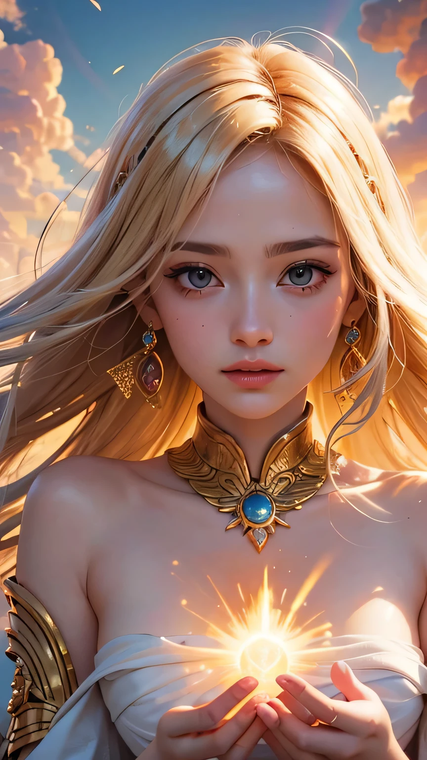 "Maiden of the Sun": Within a sacred sanctuary bathed in sunlight, depict the figure of a sun goddess, facing forward and emanating divine radiance, with golden hair, as she gazes towards us. Zoom in to focus on her face, with light orbs gleaming in her hands, representing the life-giving power of the sun. The background should be predominantly pink, evoking a sense of divine splendor. The setting is in heaven, enveloped in soft, bright light, where one can find tranquility and peace of mind, free from any trace of anxiety. Additionally, the light emanating from her hands should take the form of radiant hearts, resting gently on the palm of her hands.