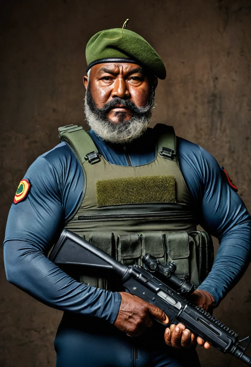 (a dark-skinned bearded fat old man in a skintight zipper diver suit) holding a gun and (wearing army beret on his head), muscular, Basuki Abdullah, sumatraism, action, a character portrait, heroic, fierce, snarling