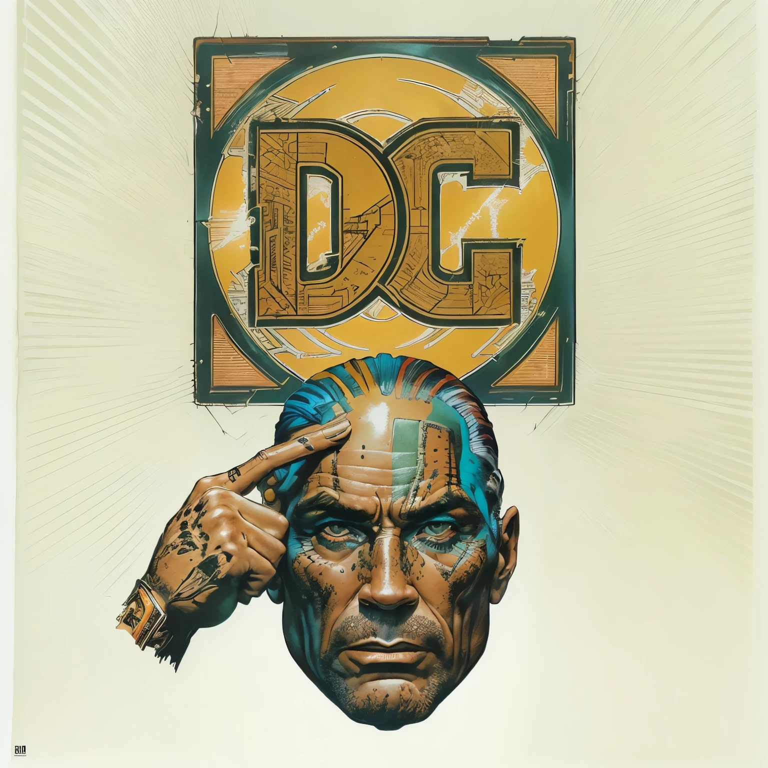 blurred image of a man with a sign above his head, CC art, CC comics style, CC comics art style, Billy Butcher, CC comic, Billy Butcher style, inspirado em Philippe Druillet, CC comics, inspired por Brian Bolland, design criativo de frank miller, CC, CC style, por Brian Bolland, Alex Ross e Richard Corben