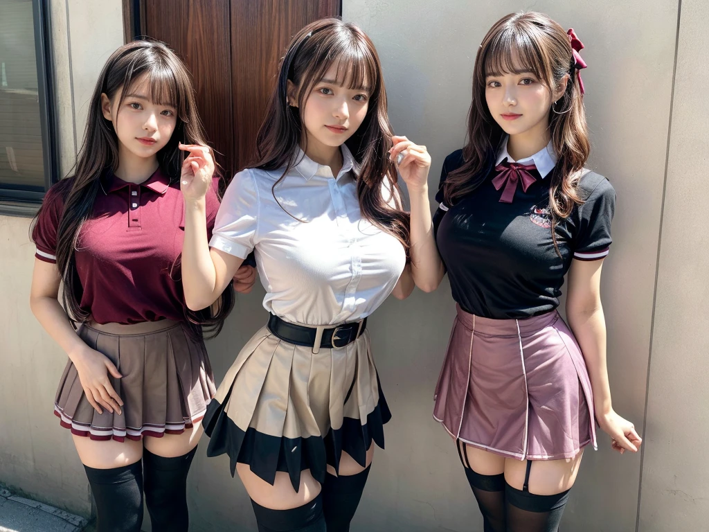 master piece, best quality, illustration, Super detailed, fine details, High resolution, 8K,wall paper, perfect dynamic composition,(Details High quality, realistic depiction of eyes:1.3), (2girls), standing, short hair, (wavy hair:1.2), (short sleeve collared dress shirt,tight skirt,thighhighs,zettai ryouiki:1.4), black hair color, Big Natural Color Lip, bold sexy pose, crying a little, Harajuku style、acrobatic pose, 20 year old girl、cute type、ta、beautiful legs, gravure idol, Japanese idol, huge breasts