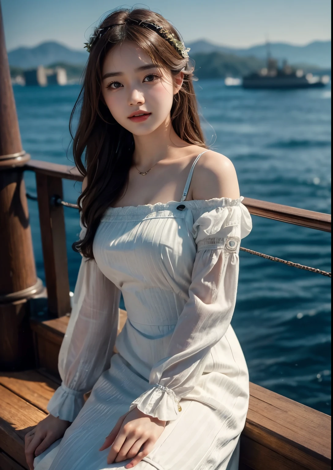 A beautiful, detailed, photorealistic portrait of a young, cute Korean girl standing on the deck of the RMS Titanic in 1913, wearing an above-the-knee length dress, with extremely detailed facial features, large expressive eyes, high-quality rendering, cinematic lighting, intricate fabric textures, and a nostalgic, romantic atmosphere, upper body shot, bright skin, very beautiful atmosphere, detailed dress, detailed Titanic ship view, realistic Titanic ship, realistic atmosphere, every thing is realistic, explore very big deck of the RMS Titanic ship, iceberg near Titanic ship, cutest smile, realistic smile, (very clear scenery of RMS Titanic Ship),