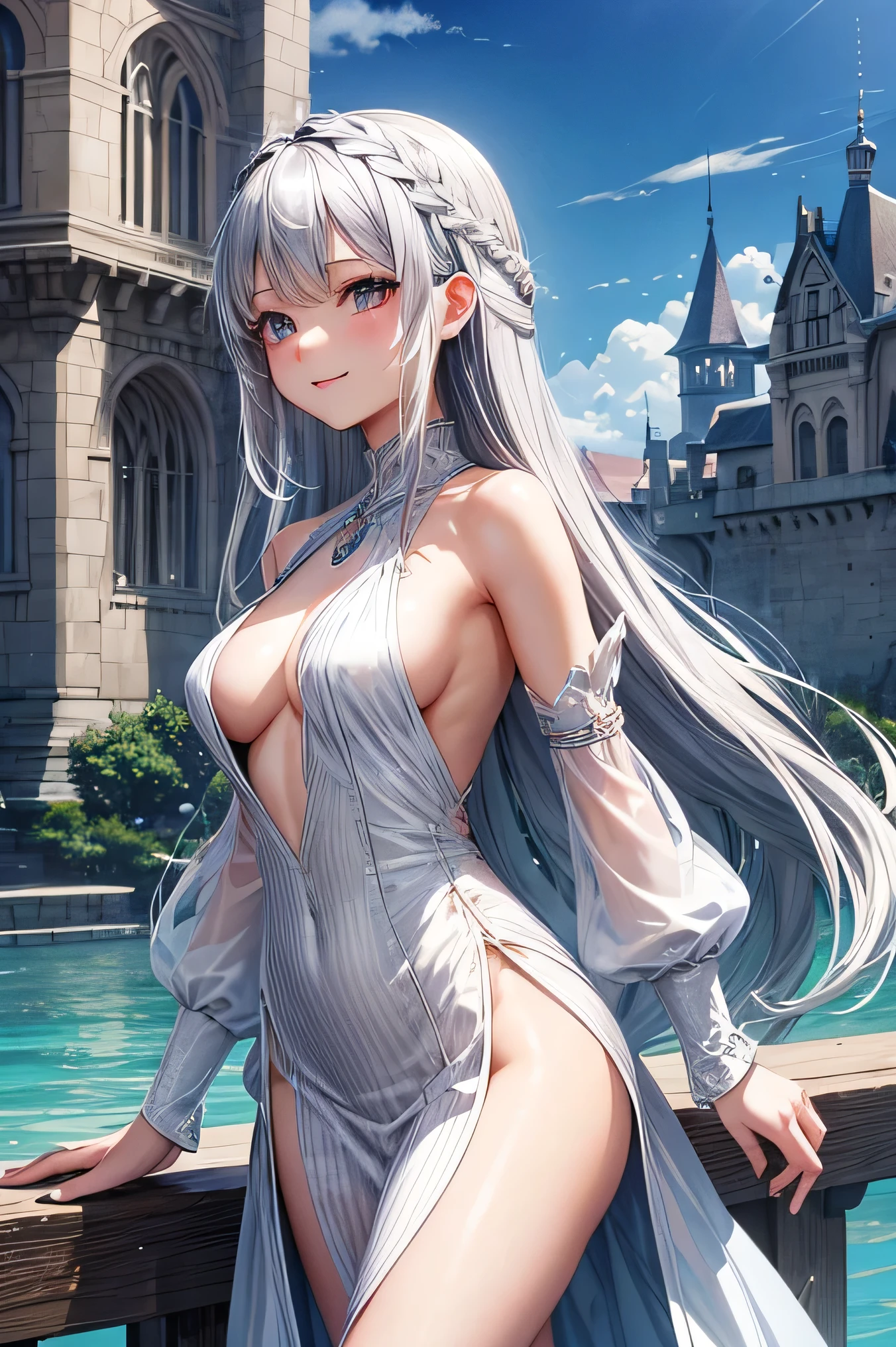  anime girl with long hair standing in a garden, nakede perfect silver-haired girl, Impressive smile , 
 Enchanting anime girl, Highly detailed art gems, Beautiful and attractive anime woman, Silver Hairの deity, Like artgerm, Beautiful Anime Girls , Silver Hair, ( Castle in the background )