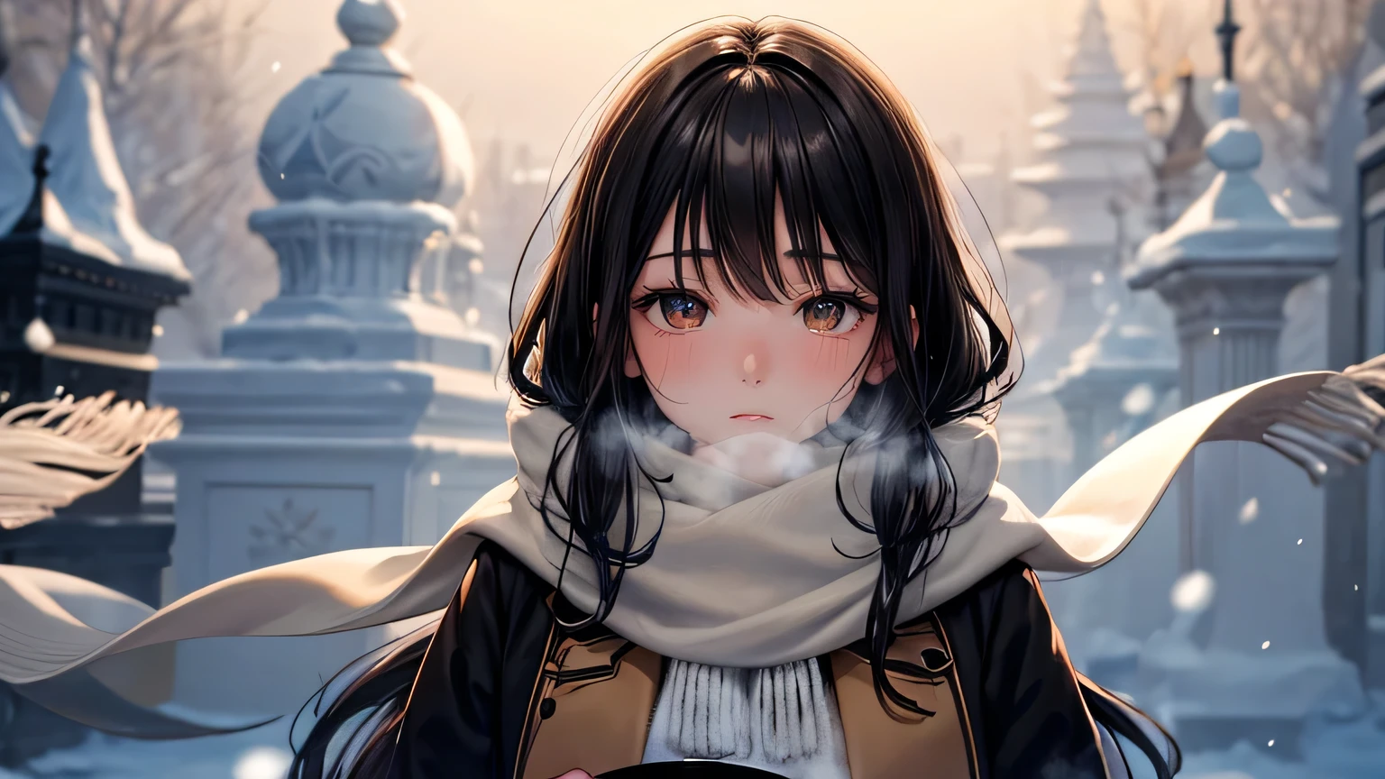 highest quality、Highest quality、Detailed facial expressions、((One beautiful woman、alone))、((Black Hair:1.3))、Beautiful light brown hair、Beautiful straight long hair、((Light-colored long coat and scarf:1.2))、Oversized sweater、Winter snow road、Beautiful and detailed eye depiction、Beautiful and detailed hair、Beautiful and detailed facial expressions、snow、tobacco、White Breath、