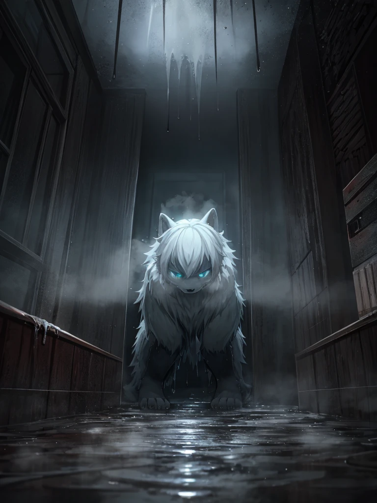 horror movie, Hallucination, First Person View, (small puddle:1.2) at feet, steam rising from the puddle
