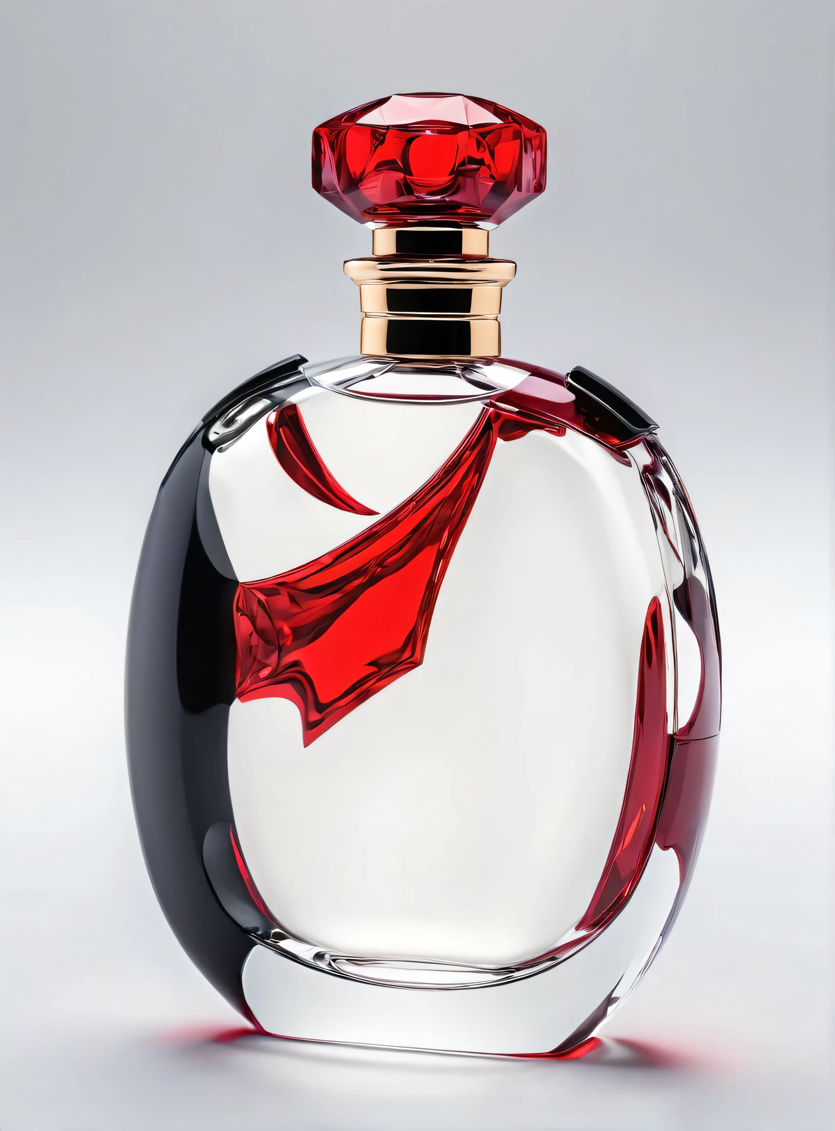 (masterpiece, highest quality, highest quality, Official Art, beautifully),(8k, highest quality, masterpiece:1.2),(((No humans))), CG products asw, No humanetallic))), (((Attach metallic ribbon)))、White background、Red and black theme、Depth of written boundary,Blurred (((Whitebackground)))、Spotlight、One perfume、The contents of the perfume shine beautifully、Bright and overall、The bottle design is simple and small.、The cap is black。(((『Crimson』)))Do not enter any other characters。Crimson、((Only one bottle))、No text、No logo
