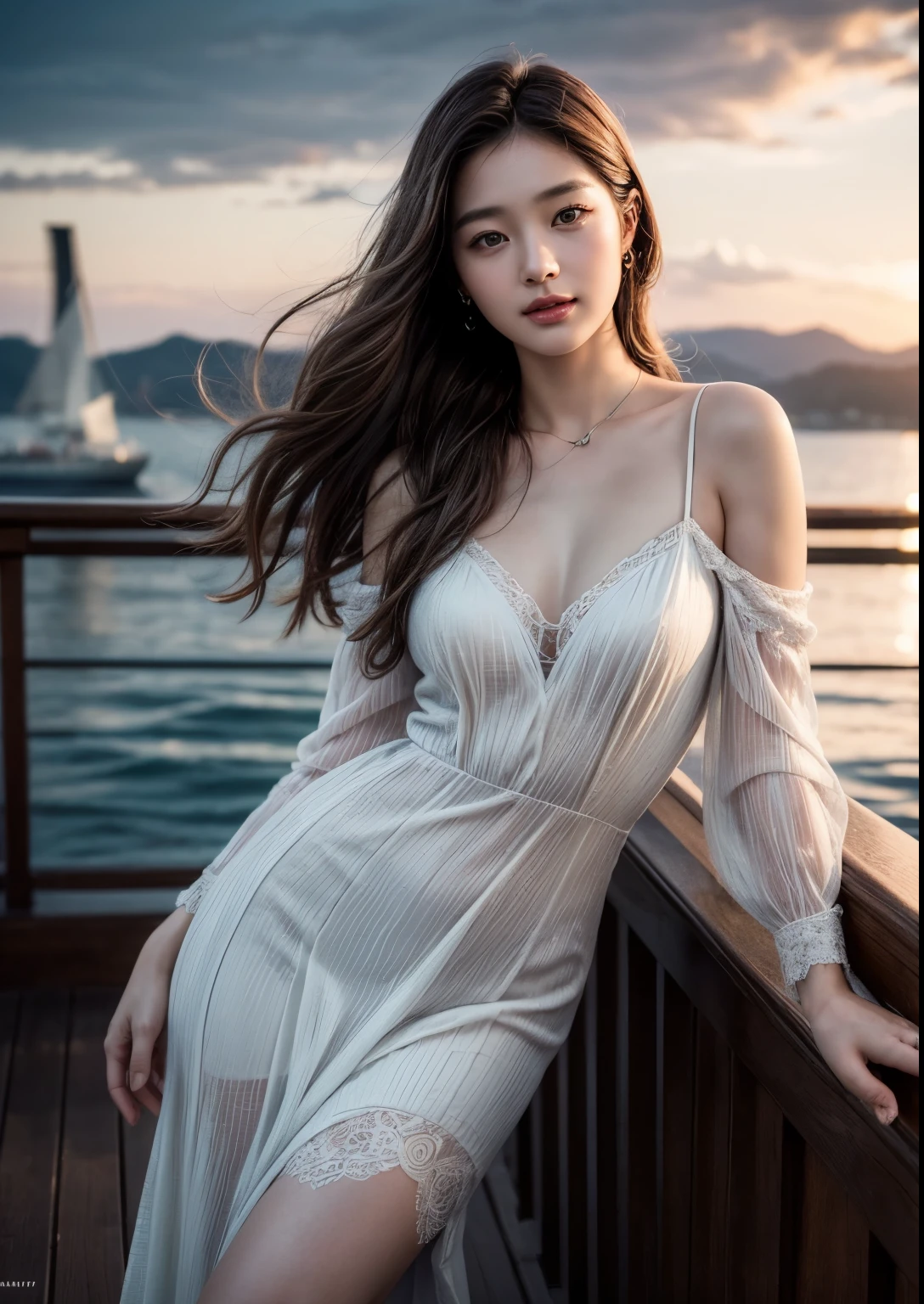 (Photoreal Stick:1.5, masutepiece:1.5, 8K), (top-quality, ​masterpiece, 超A high resolution), Perfect dynamic composition, Professional camera work:1.4, Highly detailed skin and facial texture:1.3, Mystical portrait:1.3, Grow Light Effect, The ultra-detailliert, 1girl in, ((Night view from inside the building, Pitch black room:0.9, The moonlight at night shines through the glass)), (v neck nightdress), Model body type, Clear face, (Beautiful and seductive eyes:0.8, Enraptured look:0.8, i love you completely:0.8, A mouthfeel that feels beautiful eros:0.7), Dark brown medium hair, the chest is medium, a necklace, ((Leaning against the window, seductiv))