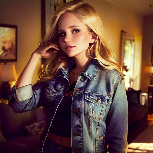 blonde girl in denim jacket posing for photo in living room, promo more, Britt Marling style 3/4, Britt Marling style 3 / 4, Kristen Bell, Britt Marling style, she wears a jacket, Promo Frame, Sarah Michelle Gellar, advertising frame, fart weeks!, ( ( Emma Lindström ) ), Annie Lebovec, photoshoot