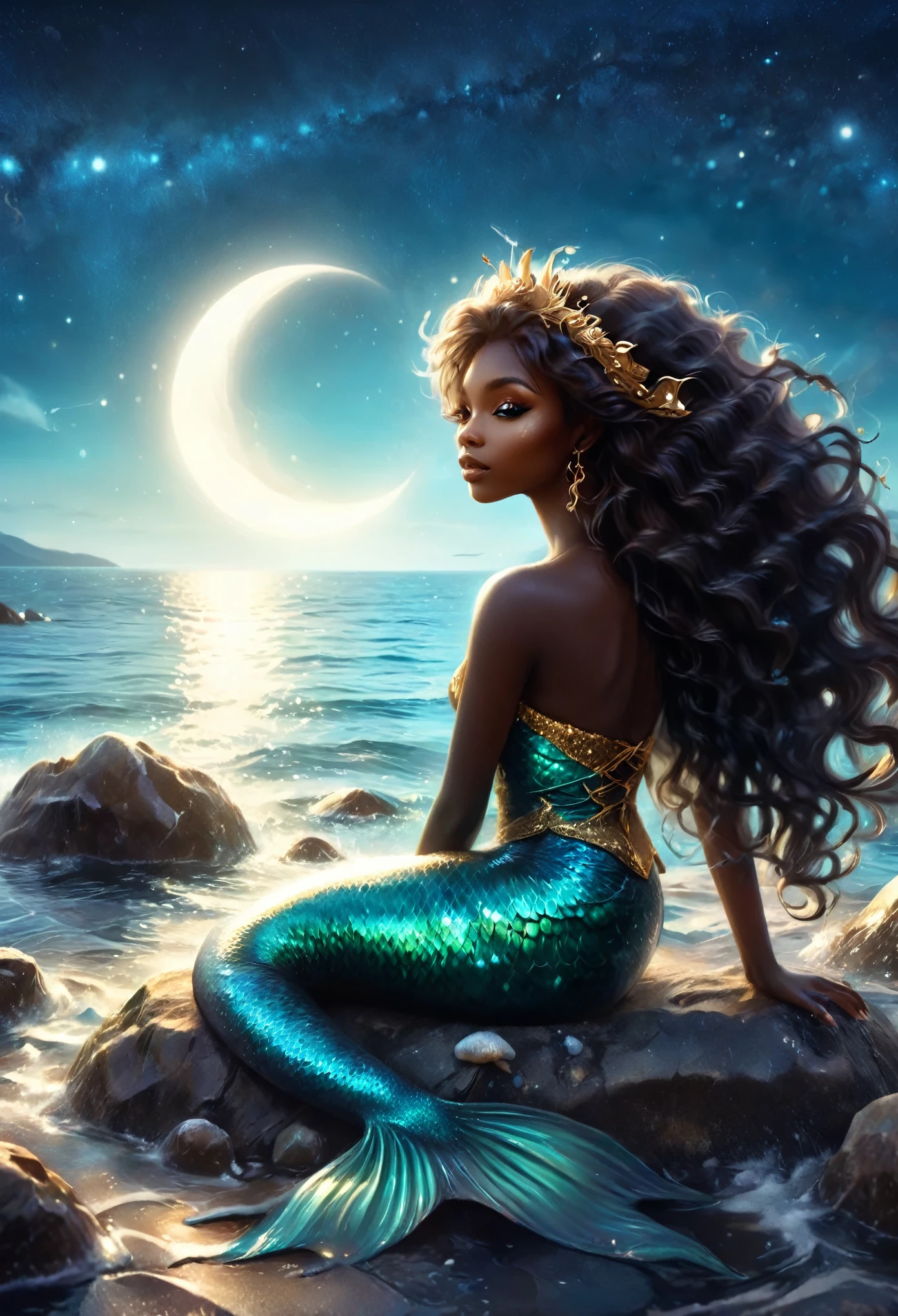 Mermaid Princess Illustration,( dark skin:1.2)， Sitting on a rocky beach, Beautiful clear waters, Backlight, Strong winds, Spirit of the Wind, Night，Starry Sky