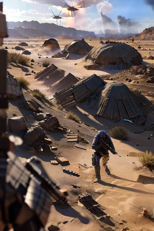 Located on a human desert planet,A group of soldiers wearing power armor,Defending the colony from alien forces,Soldier holding gauss rifle in hand,Fight alien forces in the battlefield,All the soldiers are firing,Surrounded by debris and corpses,