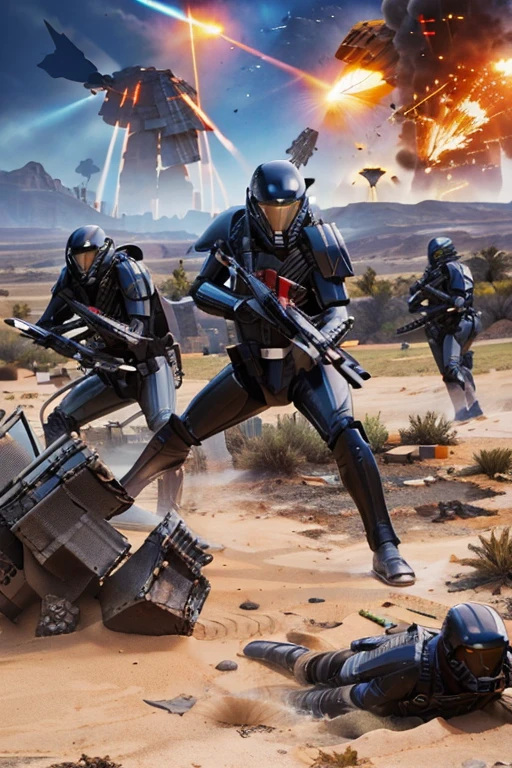 Located on a human desert planet，A group of soldiers wearing power armor，Defending the colony from alien forces，Soldier holding gauss rifle in hand，Fight alien forces in the battlefield，All the soldiers are firing，Surrounded by debris and corpses，
