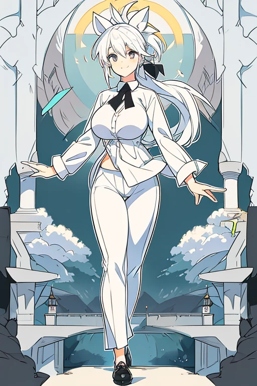 Beautiful people, Strong physique, White Social Shirt, Long black pants, White social shoes, White hair in ponytail, Silver Eyes, Slender appearance, elegant, Open your arms, Light blue bow tie, A smile, Castle scenery, walk. (Large Breasts:1.0), (Large areola:0.8), , (Pure face_V1:0.5)