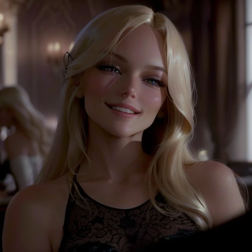blonde with long hair smiling in a room with people, In the series "Westworld", Vesper Lynd from Casino Royale, Genevieve O'Reilly, intense smoldering, She's blonde, full scene shot, Gwen Stacy, smug grin, high quality screenshot, hot, seductive smirk, sultry grin, A proud grin, long blond hair and big eyes