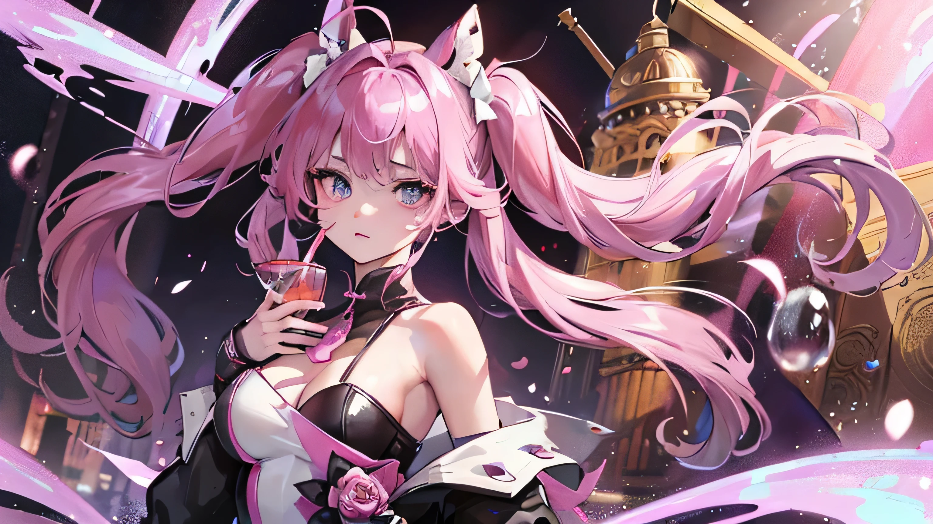 1girl、A landmine-type anime-style girl who likes alcohol、Off the shoulder、Gothic attire、hair is twin tail、Pink or purple mesh on the tip of the hair、Big eyes and a slightly sad look、(((Holding a cocktail glass in one hand)))、Pink liquor in a glass、high resolution、Cinematic subtlety、Pink splashes and drops、Delicate depiction、Masterpiece、Cinematic subtlety、Pink splashes and drops、Delicate depiction、Masterpiece、cinematic light and shadow、Her hair and eyes glow pink.、Bright as a real light、The overall image is pink and sparkly、Very beautiful and pretty、超high resolution