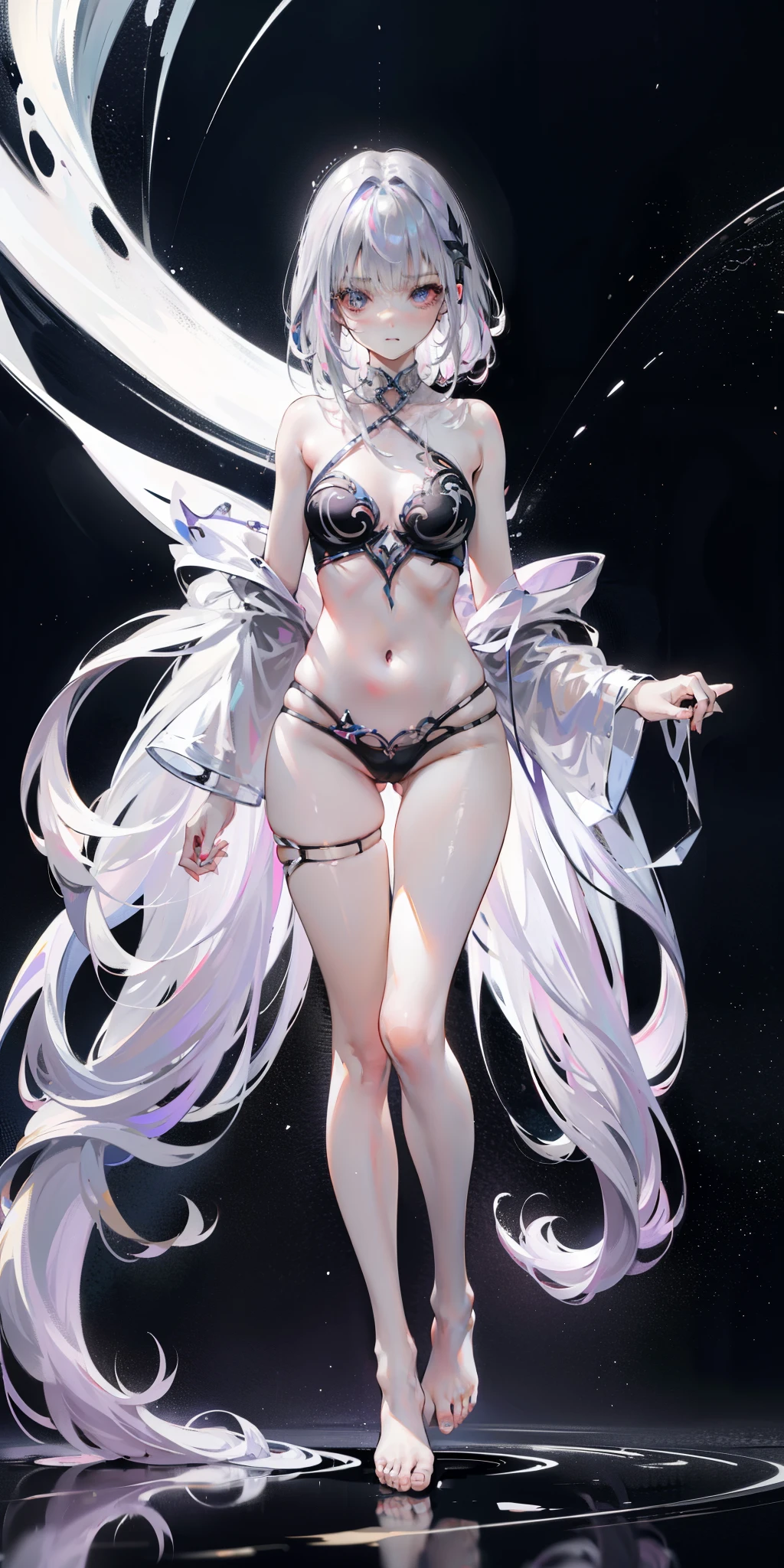Light purple gradient hair,asymmetrical hair,((Thick hair 1.8,chiseled head 1.6)), Shoulder-length hair, messy hair, Very long hair, shiny hair,(long gray hair:1.2),A beautiful girl,(Luxury platinum mini short platinum ta,Made of transparent material),(Transparent clothes transparent 1.8),Perfect body,Navel,Big thin legs,Slim,(看起来很sad,Haggard face ,sad,shut your mouth:1.2) Against the background of an unusually bright dark starry sky,(Put your hands behind your back),(round,Room, Firm breasts),barefoot,float,water surface,(Long legs,Long legs,Long legs,Gestalt),full-body shot。