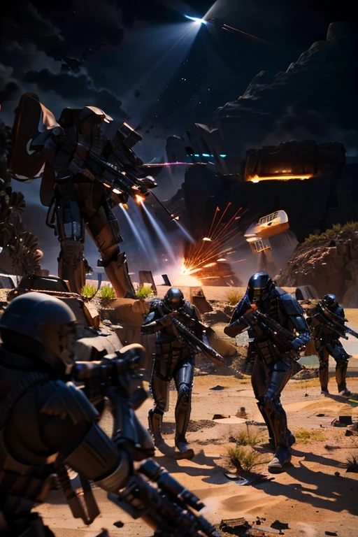 Located on a human desert planet，A group of soldiers wearing power armor，Defending the colony from alien forces，Soldier holding gauss rifle in hand，Fight alien forces in the battlefield，All the soldiers are firing，Surrounded by debris and corpses，
It's dark