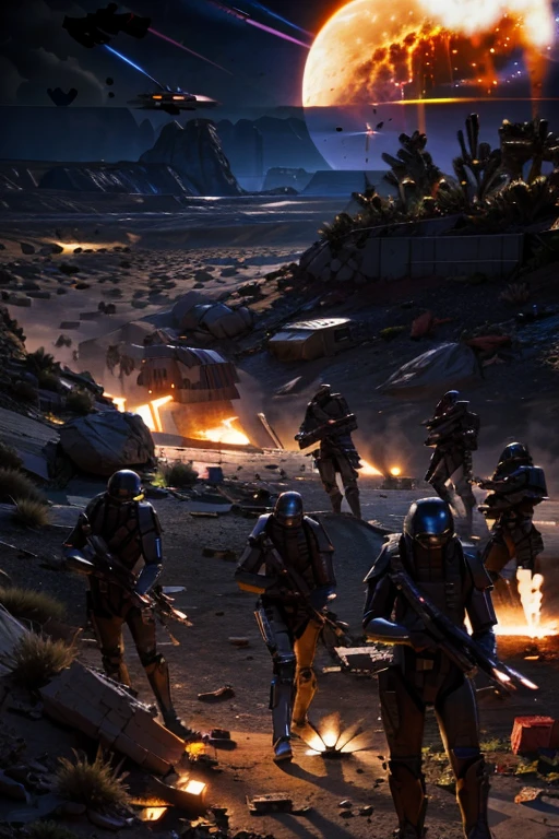 Located on a human desert planet，A group of soldiers wearing power armor，Defending the colony from alien forces，Soldier holding gauss rifle in hand，Fight alien forces in the battlefield，All the soldiers are firing，Surrounded by debris and corpses，
It's dark