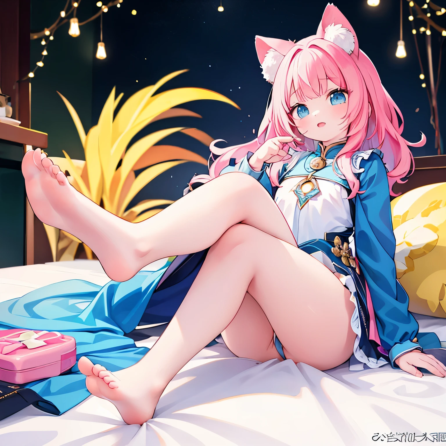 A girl, Height 150 cm, Cat ear, Cat girl,(best quality,4k,8K,high resolution,masterpiece:1.2),Very detailed,(actual,photoactual,photo-actual:1.37),HDR,super high quality,Studio Lighting,Ultra-fine,Stay focused,Physically Based Rendering,Very detailed的描述,professional,Vibrant colors,Bokeh,portrait,Anime style,charming的,Kawaii,charming的,elegant,beautiful,charming,full-body shot,JK,White,The correct number of limbs,Correct number of fingers,Logical body proportions,Delicate face,Correct limb length,Highly detailed face,Sitting on the bed