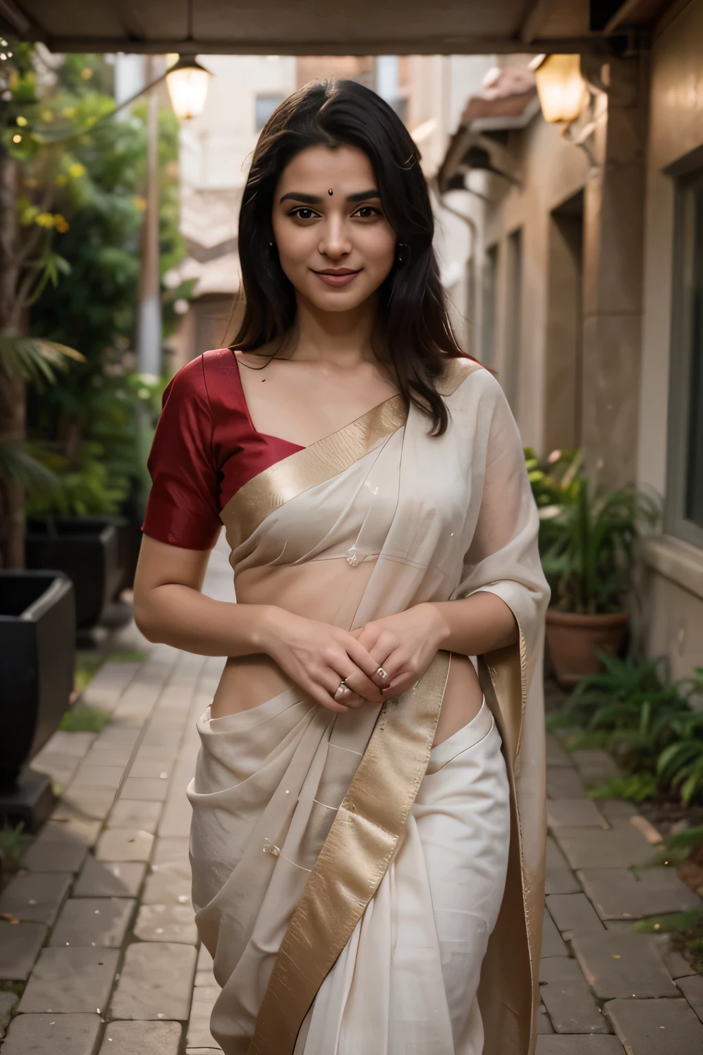 21yo girl, black hair, walking in a moonlit courtyard, exotic girl, indian, looking at the viewer, shining skin, perfect lighting, the embodiment of grace and elegance, (saree ), clear details, beautiful, detailed eyes, detailed pupil, volumetric lighting, Ultra Detailed, unity 8k wallpaper, ultra detailed, aesthetic, masterpiece, best quality, photorealistic smiling, marriage function,