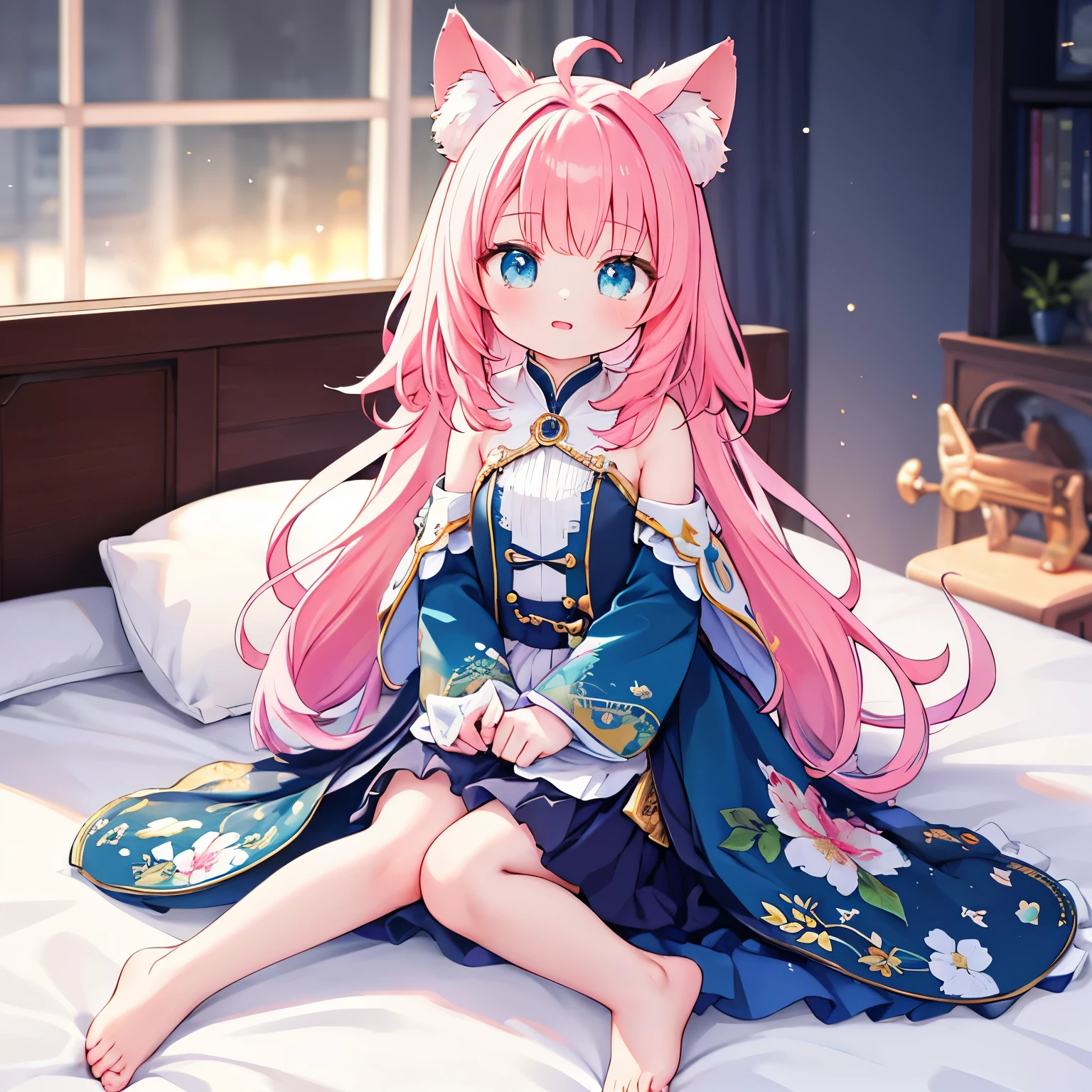 A girl, Height 150 cm, Cat ear, Cat girl，(best quality,4k,8K,high resolution,masterpiece:1.2),Very detailed,(actual,photoactual,photo-actual:1.37),HDR,super high quality,Studio Lighting,Ultra-fine,Stay focused,Physically Based Rendering,Very detailed的描述,professional,Vibrant colors,Bokeh,portrait,Anime style，charming的,Kawaii,charming的,elegant,beautiful,charming，full-body shot，JK，White，The correct number of limbs，Correct number of fingers，Logical body proportions，Delicate face，Correct limb length，Highly detailed face，Sitting on the bed
