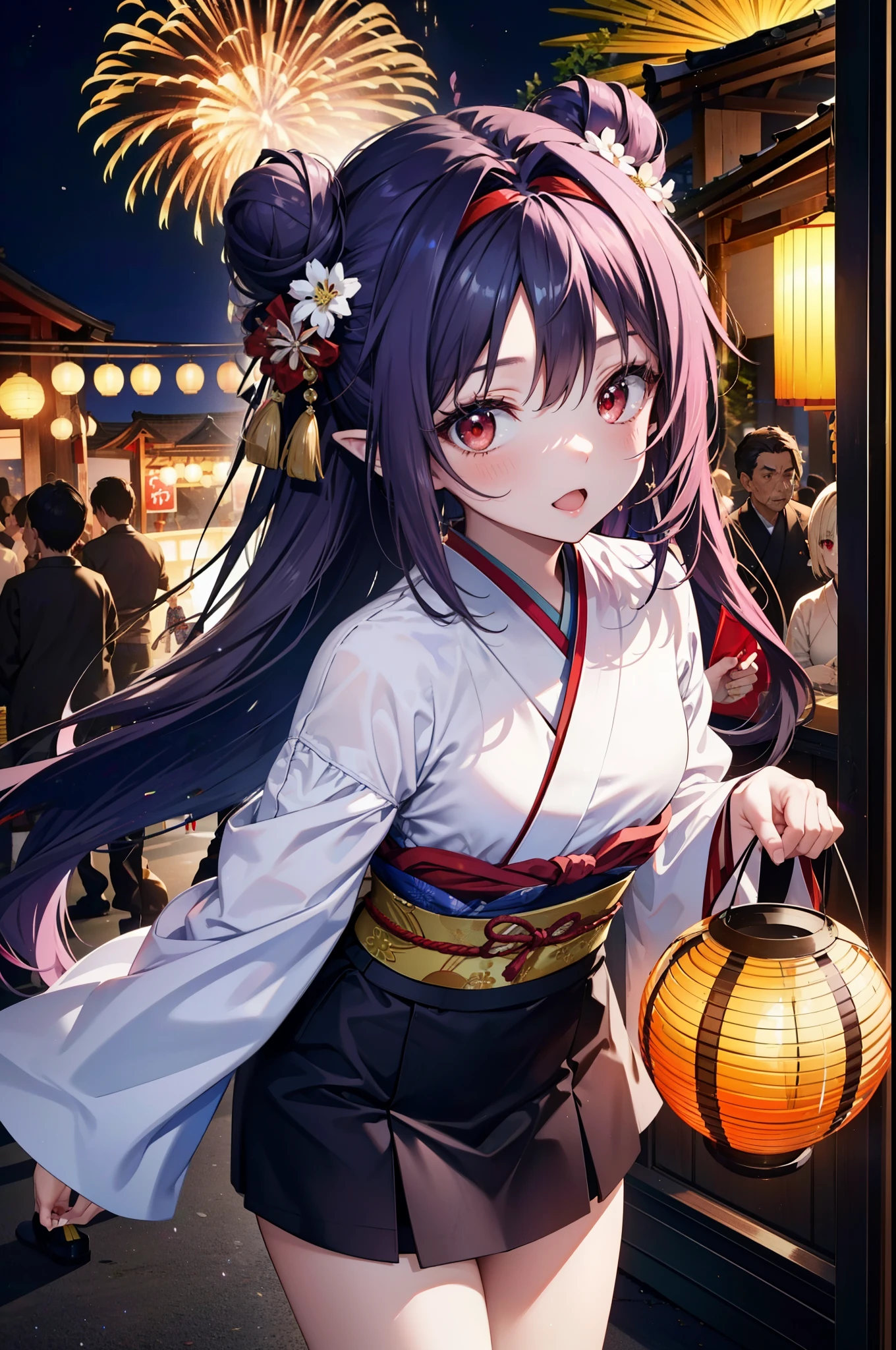 Anime girl in kimono outfit holding lantern in front of a crowd - SeaArt AI