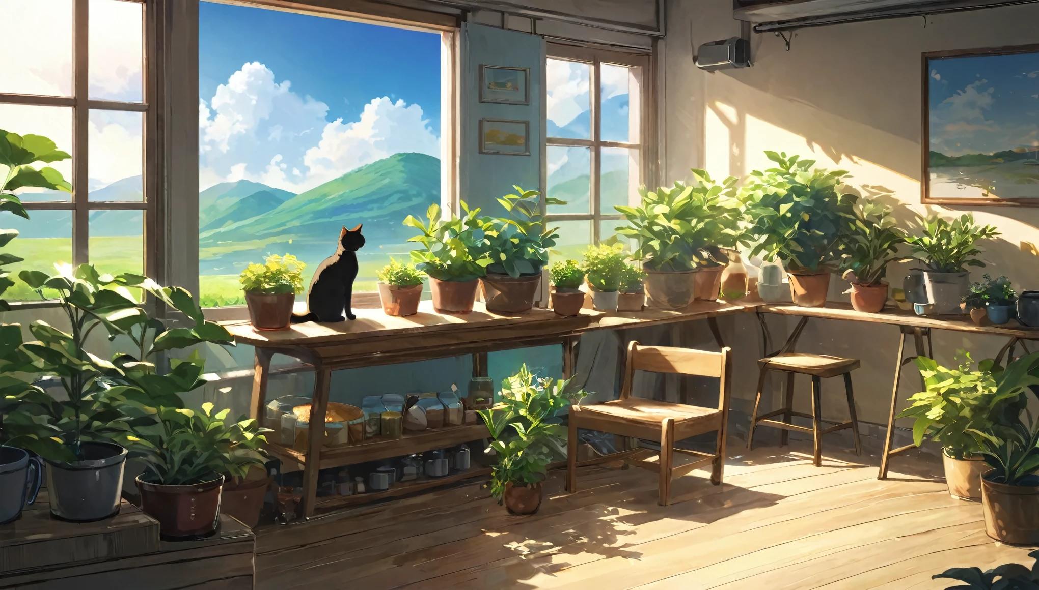 There is a cat sitting on a table in a room with plants - SeaArt AI