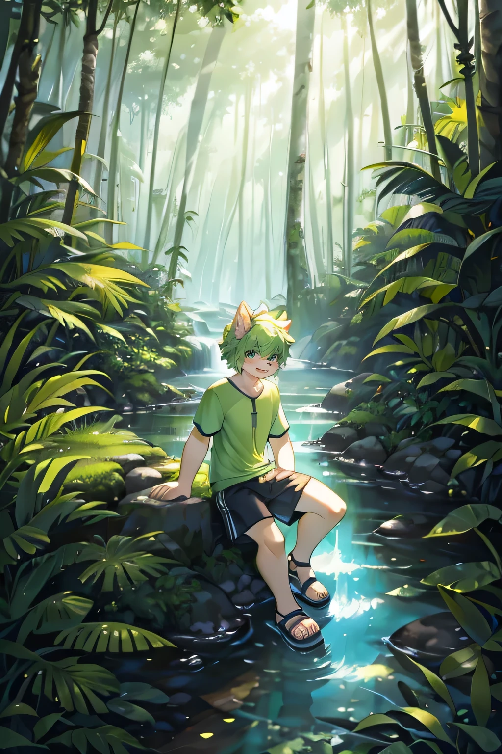 milky white,boy,shorts,Short sleeve,leg,sandals,Yellow-green forest,Rainforest,Strong light,Ambient Light,Creek