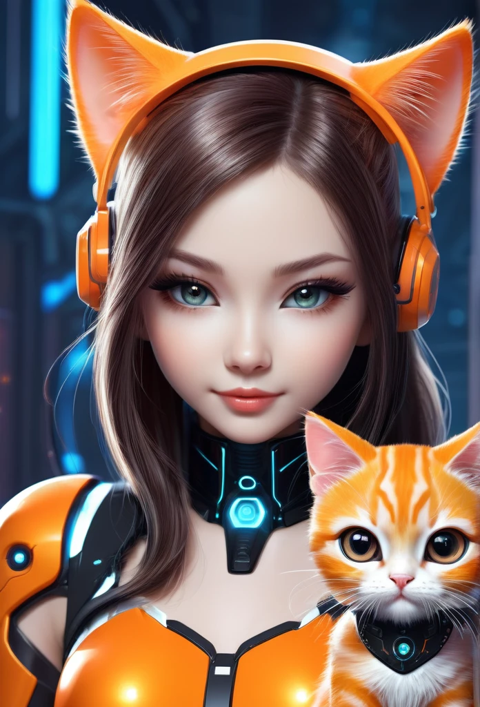 Cute cyber world with its cyber life and cyber creatures, in this cute cyber world a very beautiful and cute cyber girl with her cute cute cyber orange cat, cyber girl is shown in detail, cyber cat is shown in detail, high resolution, high technology, cybernetic creatures