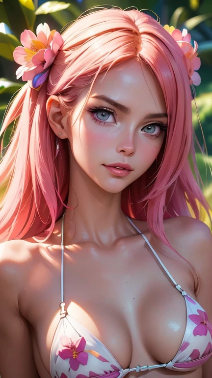 (best quality, 8k, 32k, masterpiece, UHD:1.2), highres, sharp focus, detailed outfit, absurdres, key visual, beautiful detailed hair, delicate details, (((portrait, RAW, pixiv, anime)), 1girl, Heidi Klum, Floral Delight: A feminine bikini adorned with a colorful array of flowers, creating a fresh and lively vibe. ultra detail, vibrant colors, girl, masterpiece, sharp focus, best quality, depth of field, cinematic lighting, correct anatomy
