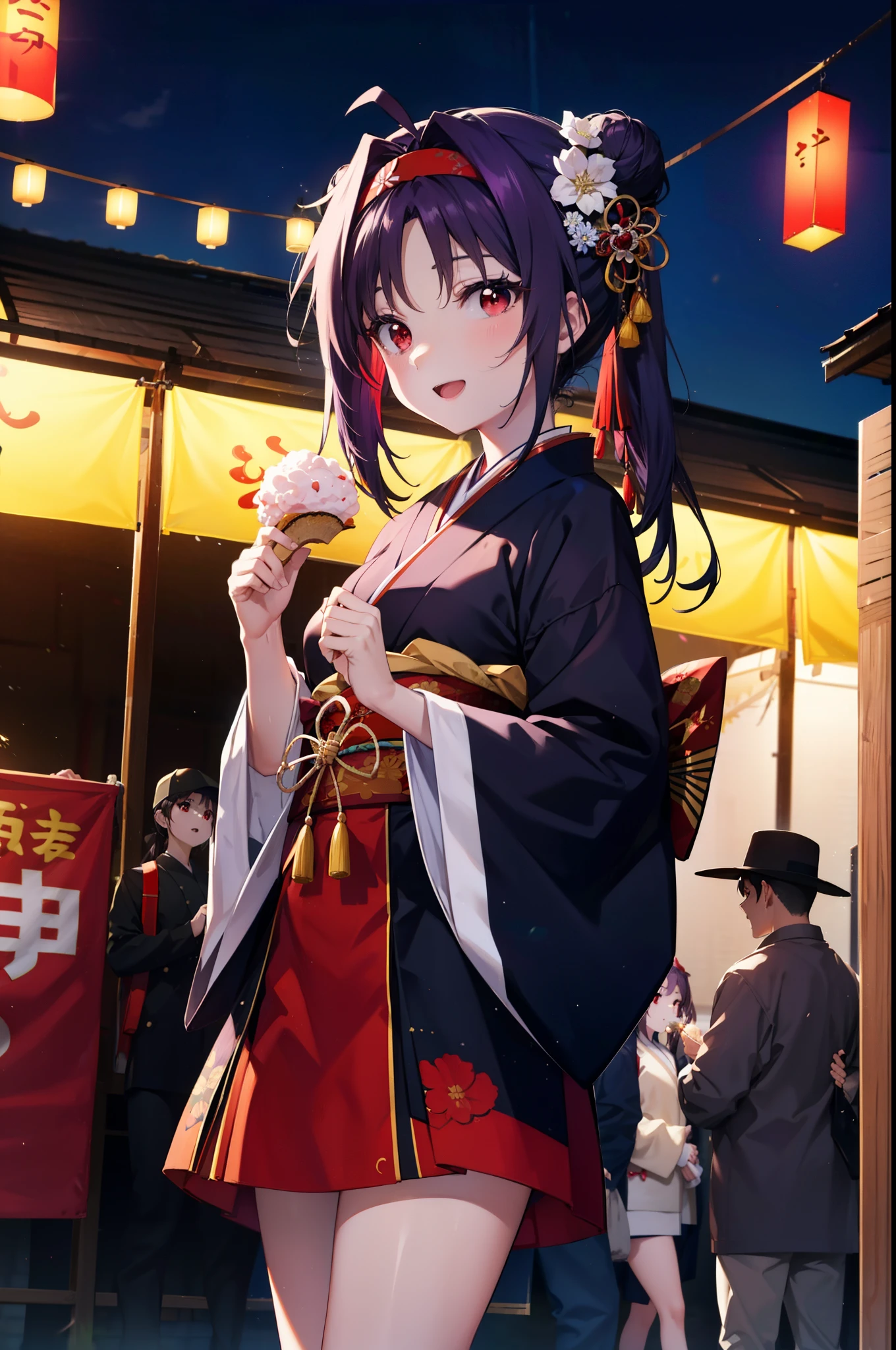 yuukikonno, Konno Yuuki, Hair Bunド, Long Hair, Pointed Ears, Purple Hair, (Red eyes:1.5), (Small breasts:1.2), Open your mouth,Open your mouth,Long Hair,Hair Bun, double Hair Bunhappy smile, smile, Open your mouth,Purple Kimono,Long sleeve,mini skirt,Sandals,night空の花火,Fireworks display,Japanese Festivals,Summer festival food stalls,Red Lantern, night,whole bodyがイラストに入るように,Looking down from above,He is holding cotton candy in his right hand,
break outdoors, shrine, break looking at viewer,whole body,(Cowboy Shot:1. 5)
break (masterpiece:1.2), highest quality, High resolution, unity 8k wallpaper, (shape:0.8), (Beautiful and beautiful eyes:1.6), Highly detailed face, Perfect lighting, Highly detailed CG, (Perfect hands, Perfect Anatomy),