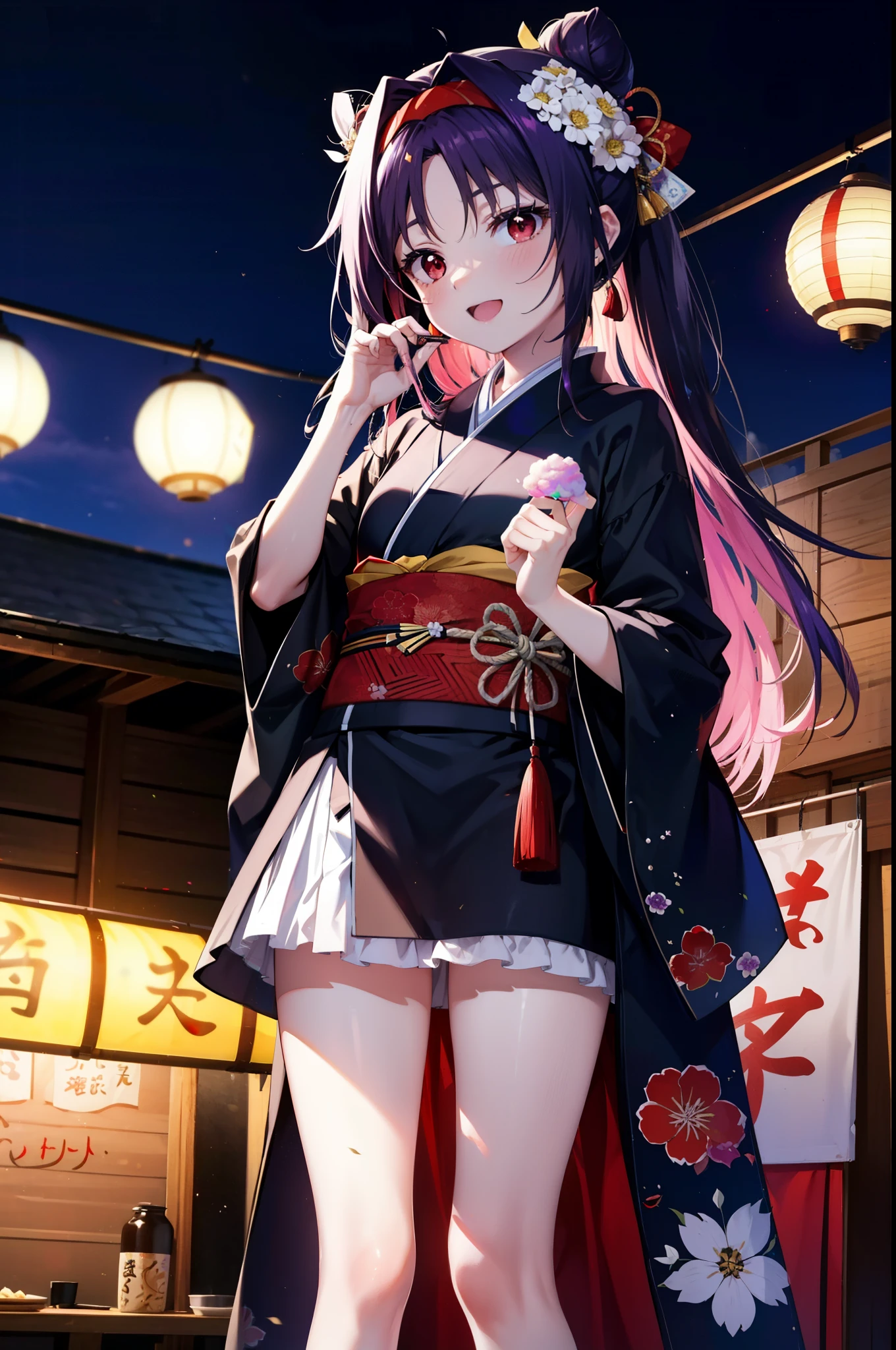 yuukikonno, Konno Yuuki, Hair Bunド, Long Hair, Pointed Ears, Purple Hair, (Red eyes:1.5), (Small breasts:1.2), Open your mouth,Open your mouth,Long Hair,Hair Bun, double Hair Bunhappy smile, smile, Open your mouth,Purple Kimono,Long sleeve,mini skirt,Sandals,night空の花火,Fireworks display,Japanese Festivals,Summer festival food stalls,Red Lantern, night,whole bodyがイラストに入るように,Looking down from above,He is holding cotton candy in his right hand,
break outdoors, shrine, break looking at viewer,whole body,(Cowboy Shot:1. 5)
break (masterpiece:1.2), highest quality, High resolution, unity 8k wallpaper, (shape:0.8), (Beautiful and beautiful eyes:1.6), Highly detailed face, Perfect lighting, Highly detailed CG, (Perfect hands, Perfect Anatomy),