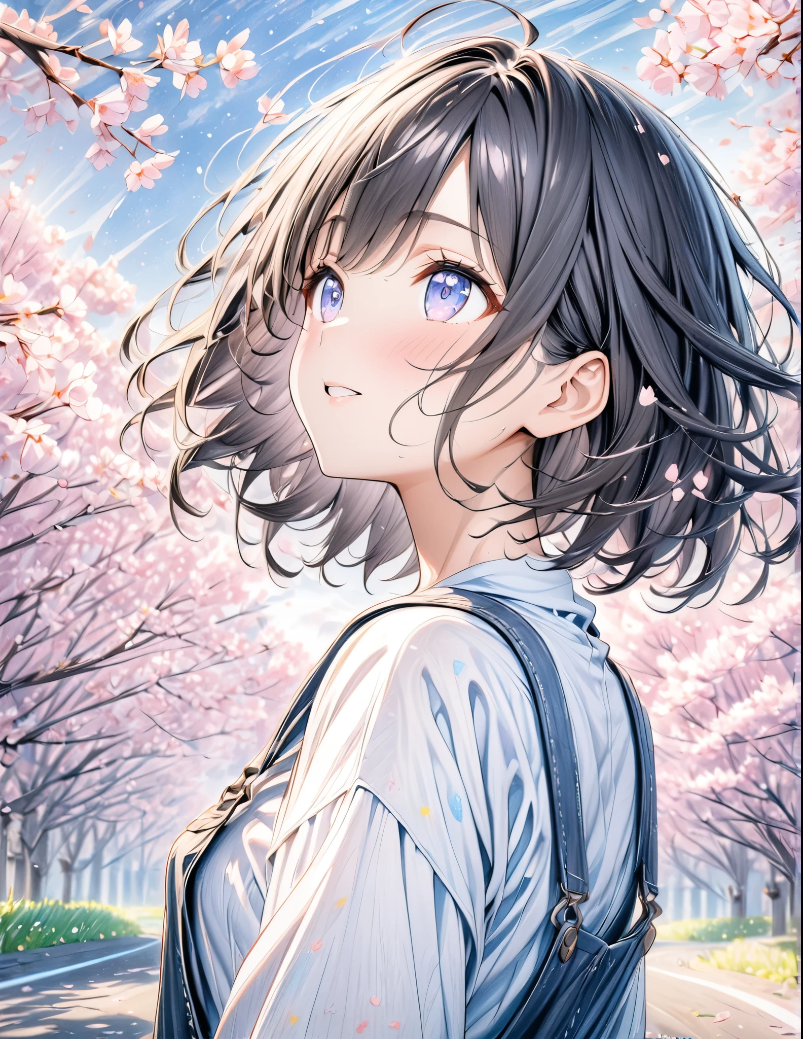 ((style:Colored pencil,pale colour)),(anime)、(masterpiece:1.2),Girl looking at cherry blossoms、A peaceful and comfortable expression、、The wind blows and the cherry blossoms flutter、Light production、The face is looking up at the sky。A work with an overall cherry blossom color that gives an impressive cherry blossom effect、Black Hair、short hair