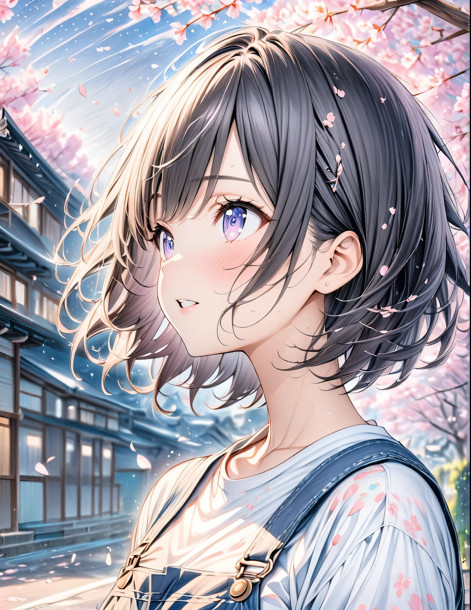 ((style:Colored pencil,pale colour)),(anime)、(masterpiece:1.2),Girl looking at cherry blossoms、A peaceful and comfortable expression、、The wind blows and the cherry blossoms flutter、Light production、The face is looking up at the sky。A work with an overall cherry blossom color that gives an impressive cherry blossom effect、Black Hair、short hair