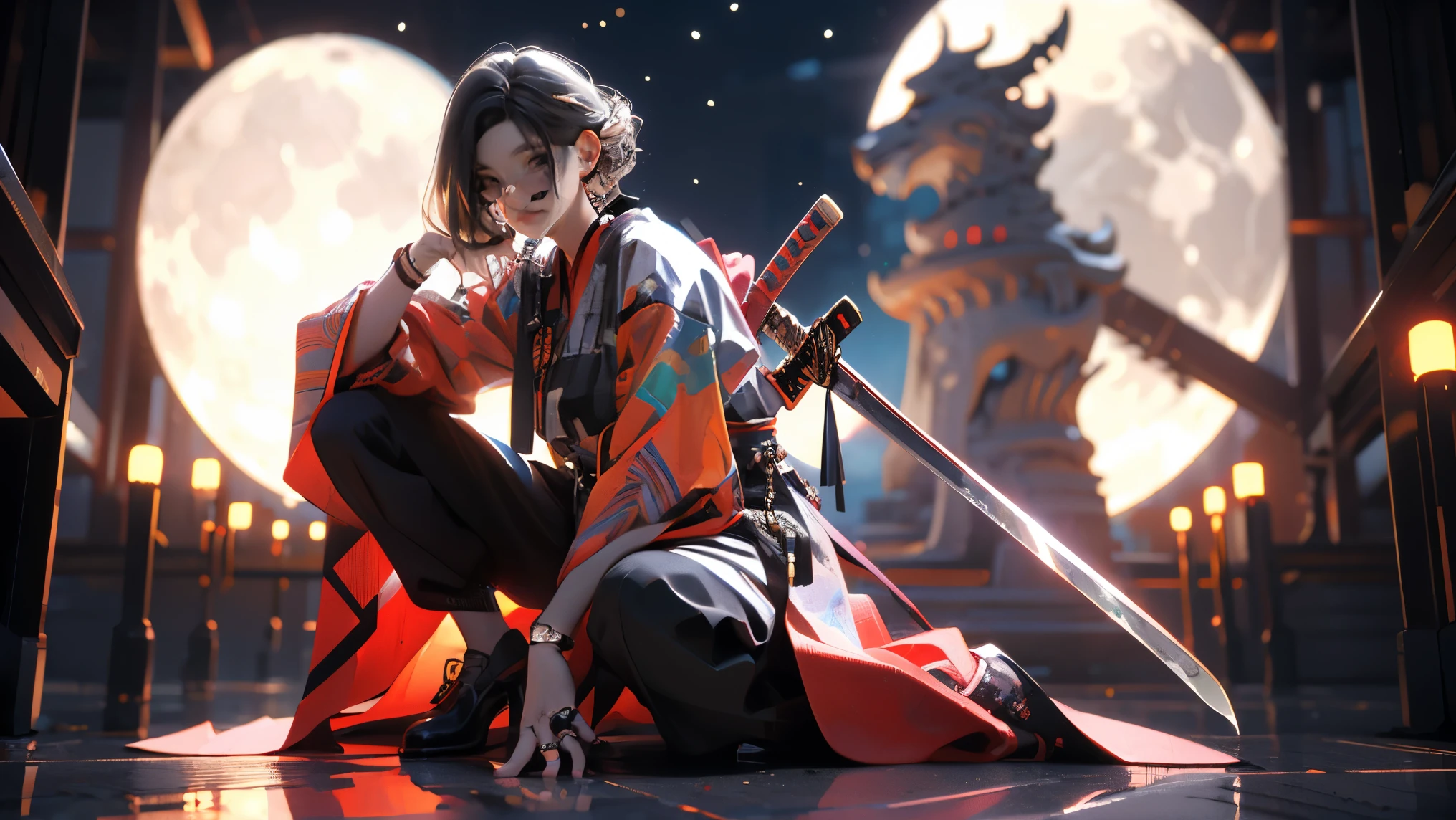 (masterpiece:1.2), highest quality,CG,3D, Samurai Girl,
jewelry, sword, arms, alone, ring, Gray Hair, One girl, sheath, squat, Holding, bracelet, pants, knife, sunglasses, black pants, Holding arms, earrings, 長いGray Hair, Black footwear, Round Glasses, whole body, Holding sword, unsheathing, Long sleeve, View Viewer, Mouth closed, Blurred, sheathed, single hair band, lanthanum, smile, Shine, High heels, Wide sleeves like a kimono,night,full moon