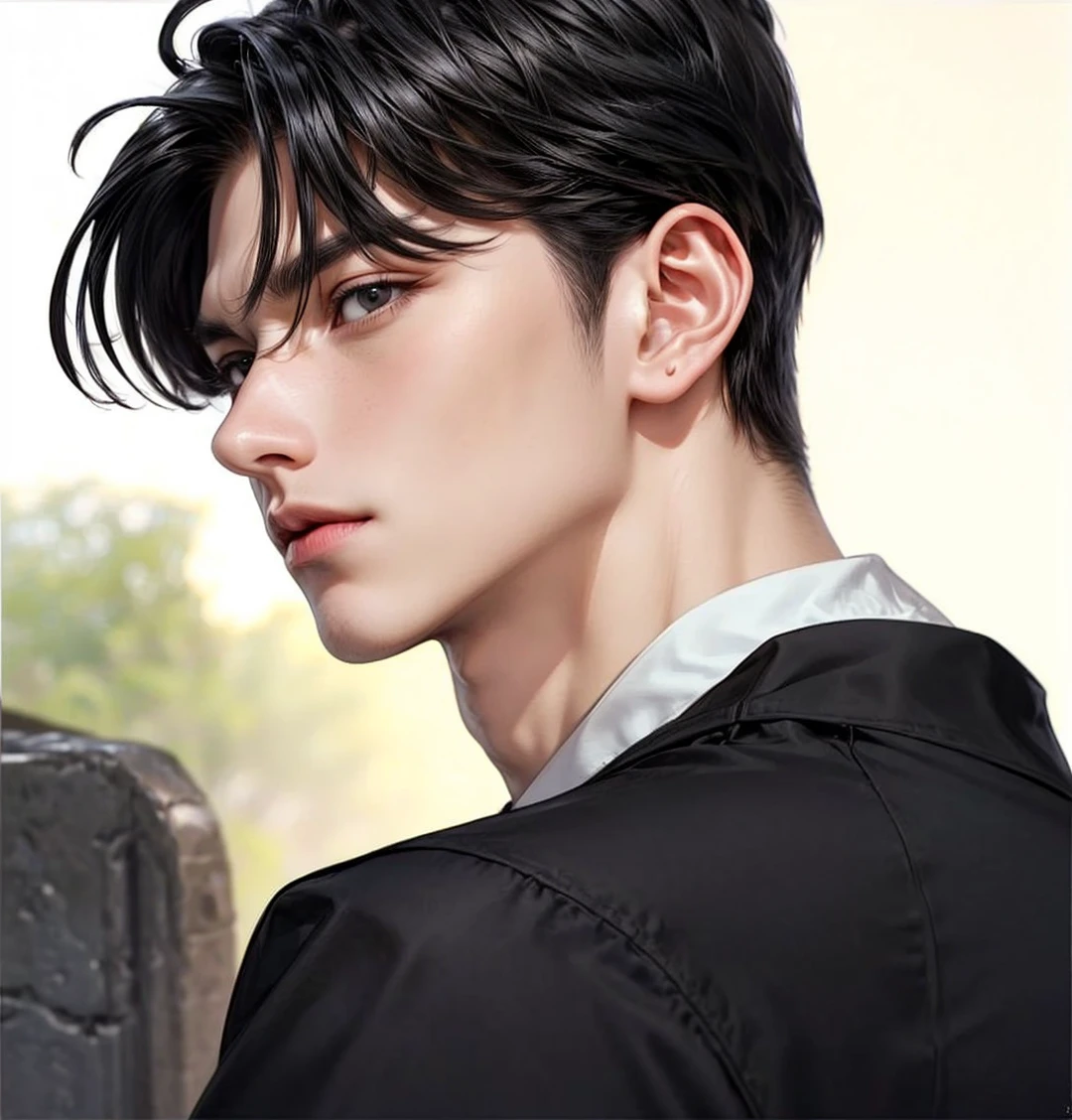 Masterpiece of man, Adult man with firm facial features like an Dutch, black eyes, his nose is sharp, mature, black eyes, neat short black hair, very handsome, white, clean, smooth skin, cute boy