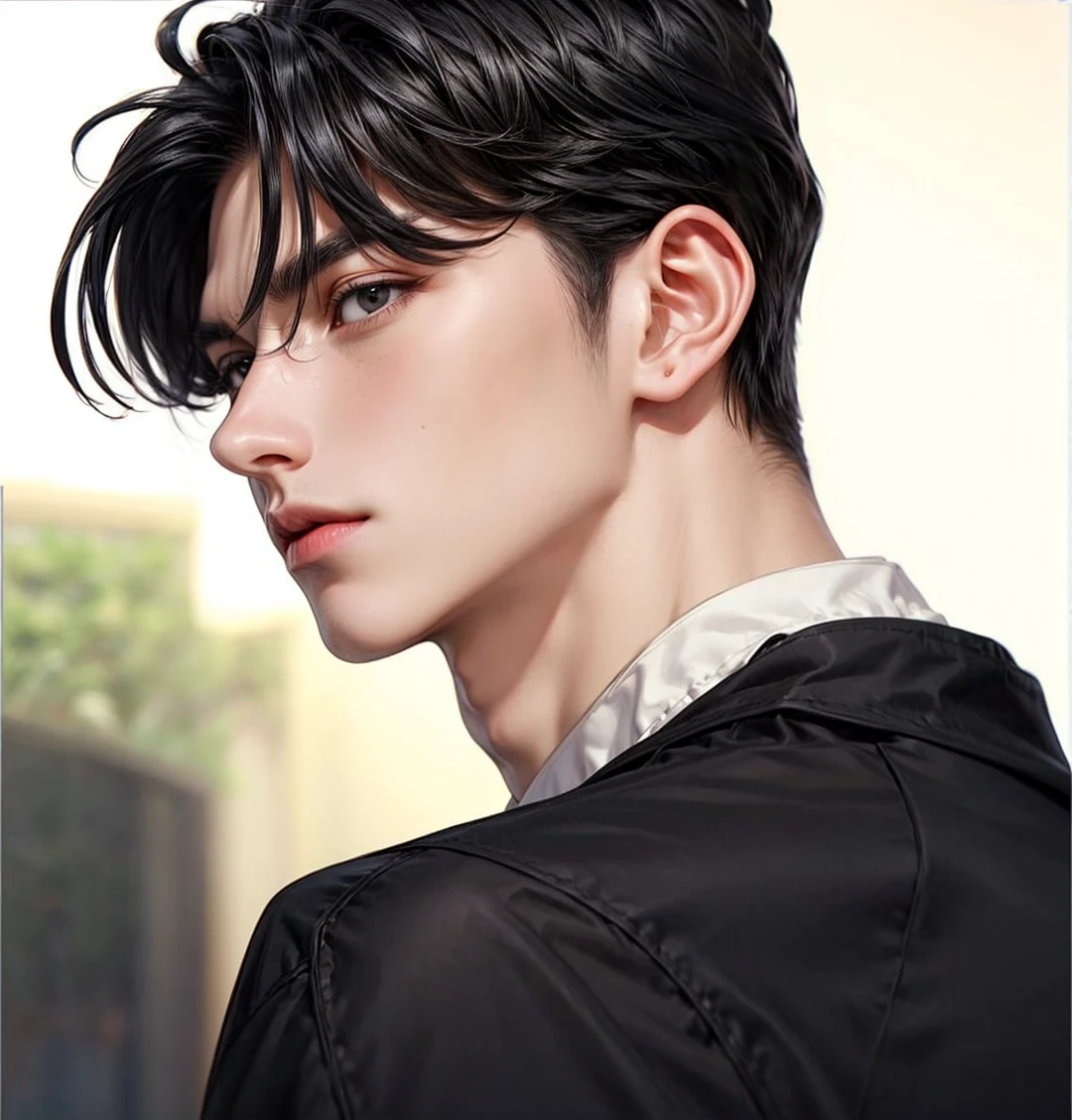 Masterpiece of man, Adult man with firm facial features like an Dutch, black eyes, his nose is sharp, mature, black eyes, neat short black hair, very handsome, white, clean, smooth skin, cute boy
