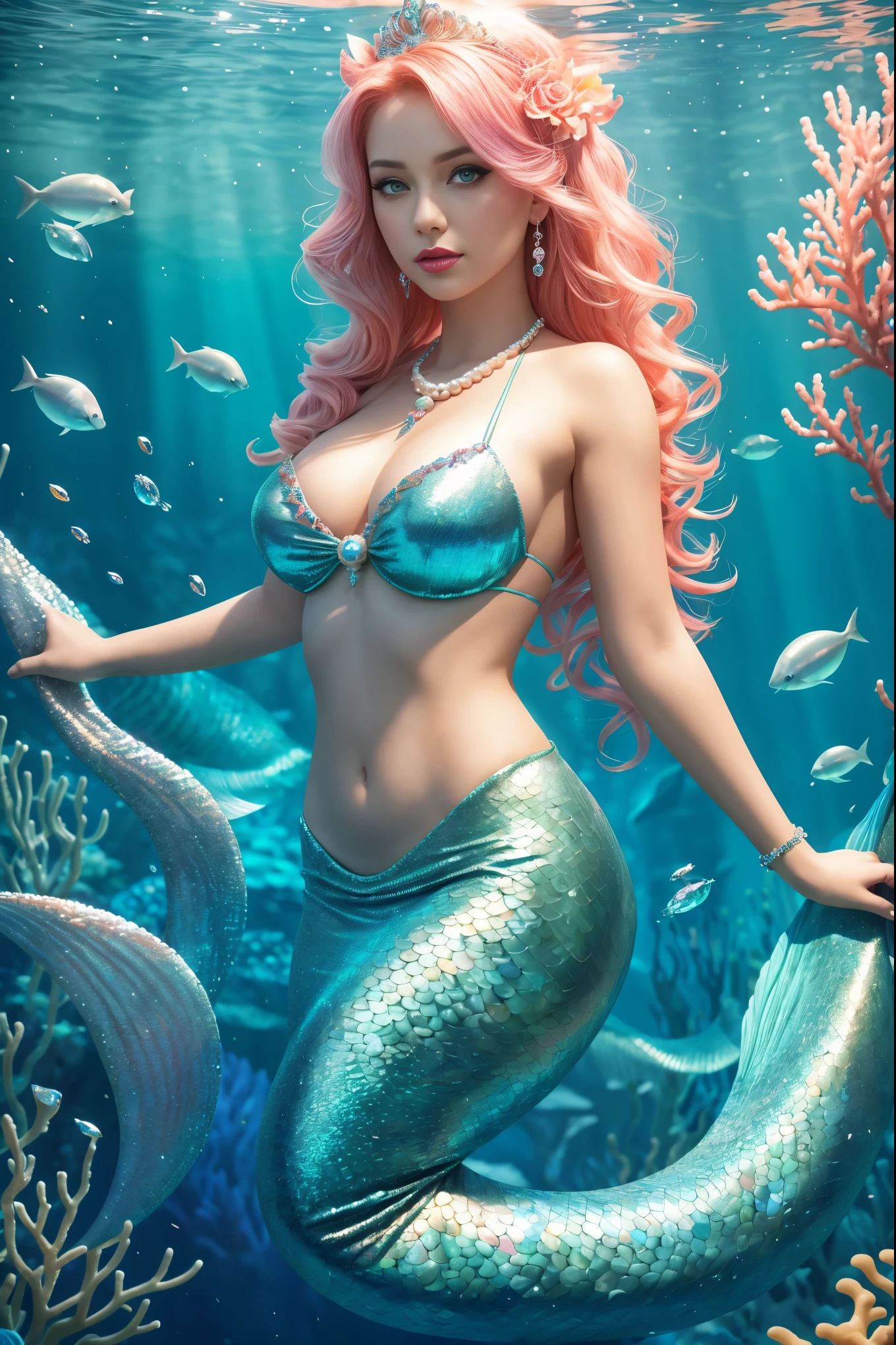 Mermaid princess, underwater, coral, pearl necklace, shimmering tail, mysterious eyes, dreamy lighting,illustration,ultra-detailed,(best quality,4k,8k,highres,masterpiece:1.2),realistic,studio lighting,physically-based rendering,extreme detail description,professional,vivid colors,portraits,sharp focus,bokeh,vivid colors,HDR,ultra-fine painting