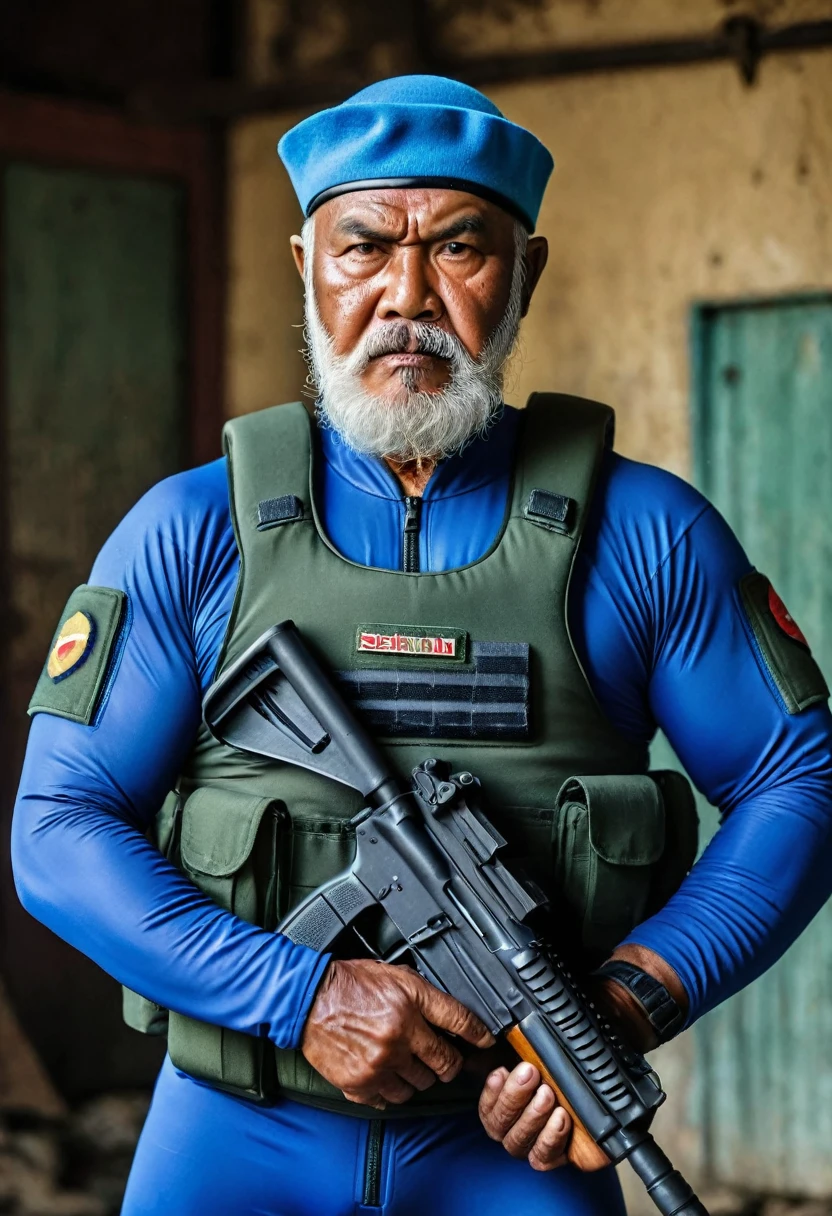(a dark-skinned bearded fat elderly old man in a blue skintight zipper diver suit) holding a gun and (wearing blue army beret on his head), muscular, Basuki Abdullah, sumatraism, action, a character portrait, full round face, heroic, angry, best quality