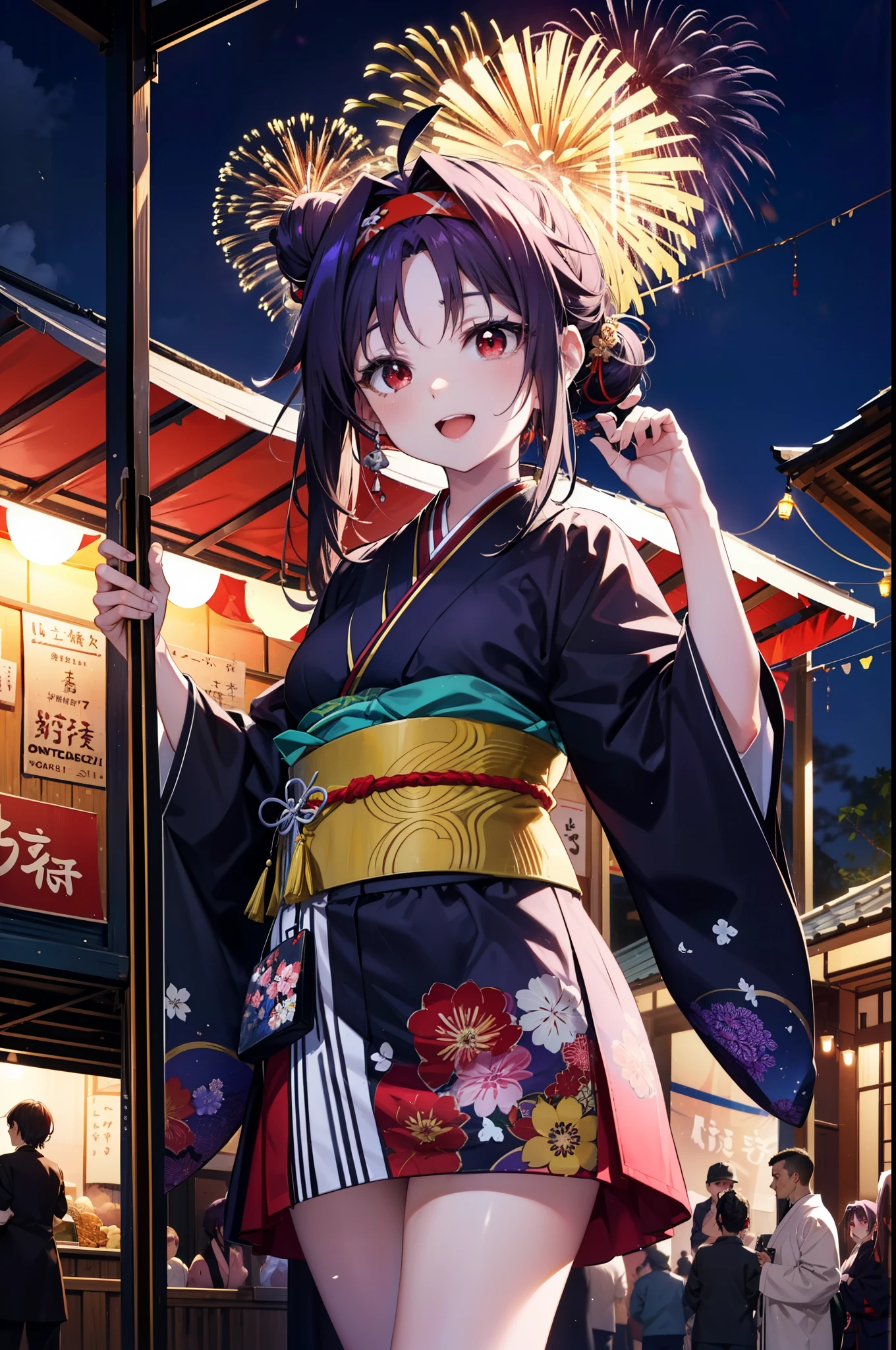 yuukikonno, Konno Yuuki, Hair Bunド, Long Hair, Pointed Ears, Purple Hair, (Red eyes:1.5), (Small breasts:1.2), Open your mouth,Open your mouth,Long Hair,Hair Bun, double Hair Bunhappy smile, smile, Open your mouth,Purple Kimono,Long sleeve,mini skirt,Sandals,night空の花火,Fireworks display,Japanese Festivals,Summer festival food stalls,Red Lantern, night,whole bodyがイラストに入るように,Looking down from above,
break outdoors, shrine, break looking at viewer,whole body,(Cowboy Shot:1. 5)
break (masterpiece:1.2), highest quality, High resolution, unity 8k wallpaper, (shape:0.8), (Beautiful and beautiful eyes:1.6), Highly detailed face, Perfect lighting, Highly detailed CG, (Perfect hands, Perfect Anatomy),
