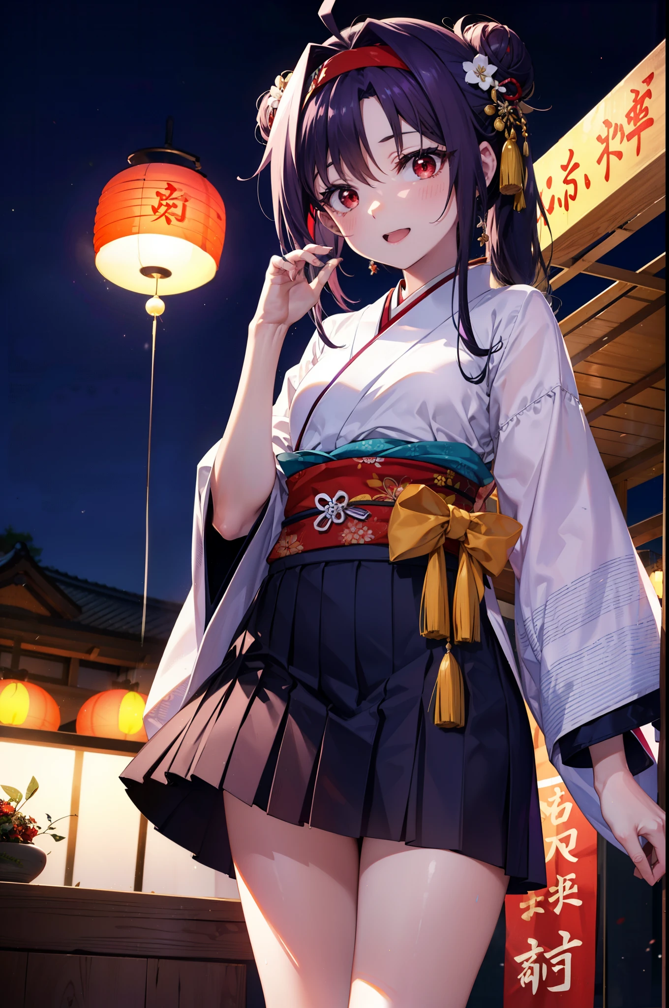 yuukikonno, Konno Yuuki, Hair Bunド, Long Hair, Pointed Ears, Purple Hair, (Red eyes:1.5), (Small breasts:1.2), Open your mouth,Open your mouth,Long Hair,Hair Bun, double  Hair Bunhappy smile, smile, Open your mouth,Purple Kimono,Long sleeve,mini skirt,Sandals,night空の花火,Fireworks display,Japanese Festivals,Summer festival food stalls,Red Lantern, night,whole bodyがイラストに入るように,Looking down from above,
break outdoors, shrine,                                              break looking at viewer,whole body,(Cowboy Shot:1. 5)
break (masterpiece:1.2), highest quality, High resolution, unity 8k wallpaper, (shape:0.8), (Beautiful and beautiful eyes:1.6), Highly detailed face, Perfect lighting, Highly detailed CG, (Perfect hands, Perfect Anatomy),